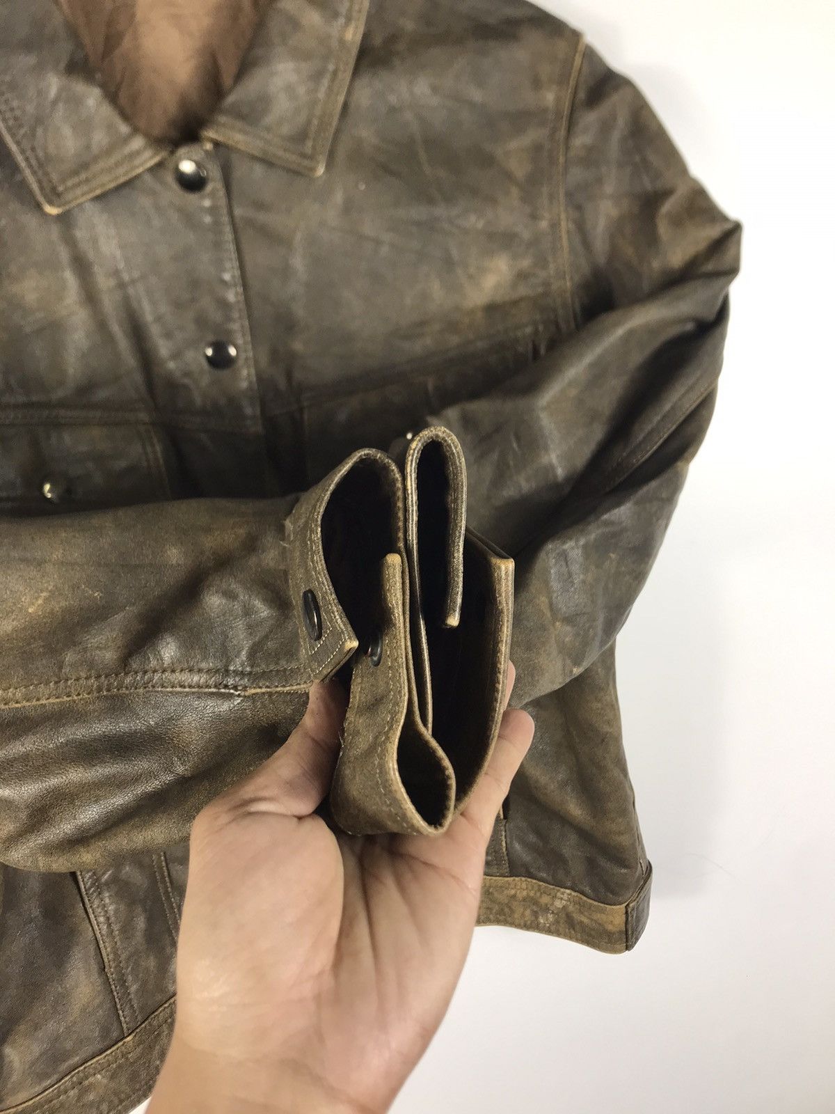 Japanese Brand × Vintage ⚡️Vintage Cross-Way Distressed Faded Leather Trucker Jacket Size XS / US 0-2 / IT 36-38 - 6 Thumbnail