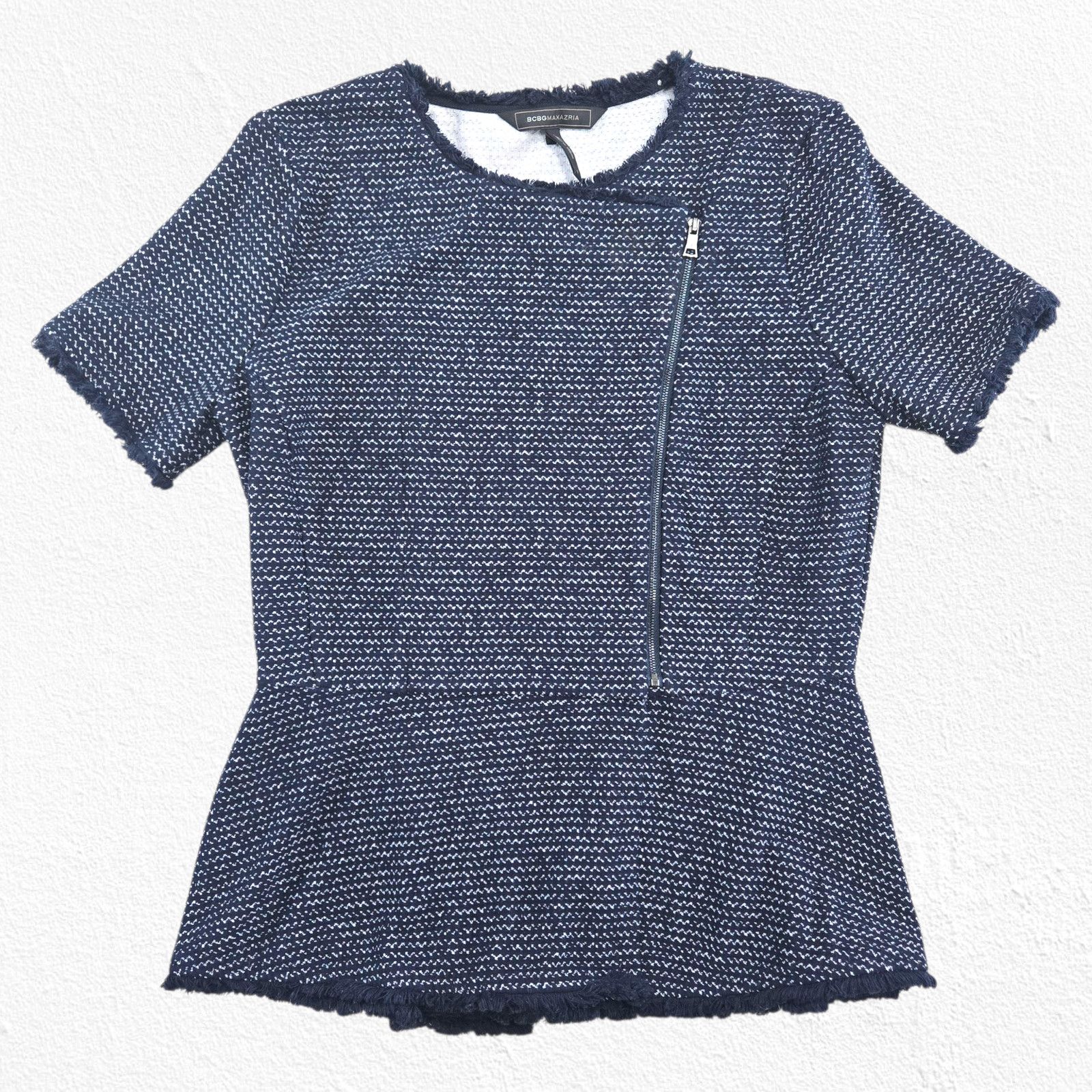 Bcbgmaxazria BCBGMaxazria Navy Zip-Up Short Sleeve Fringe Sweater Small Size S / US 4 / IT 40 - 2 Thumbnail