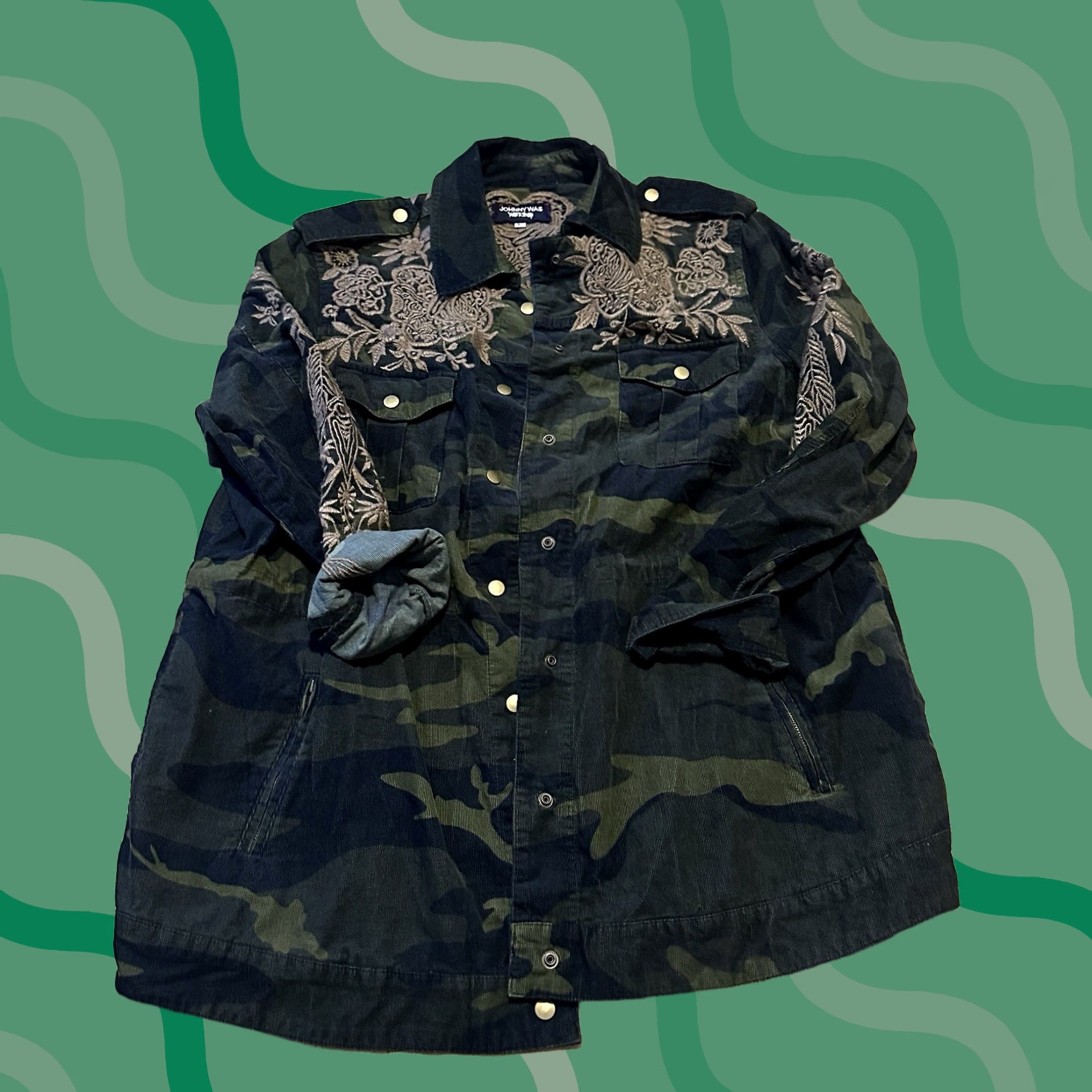 Johnny Was Johnny Was MILOQUI Embroidery Tunic Jacket Womens Large Green Corduroy Shirt Size L / US 10 / IT 46 - 1 Thumbnail
