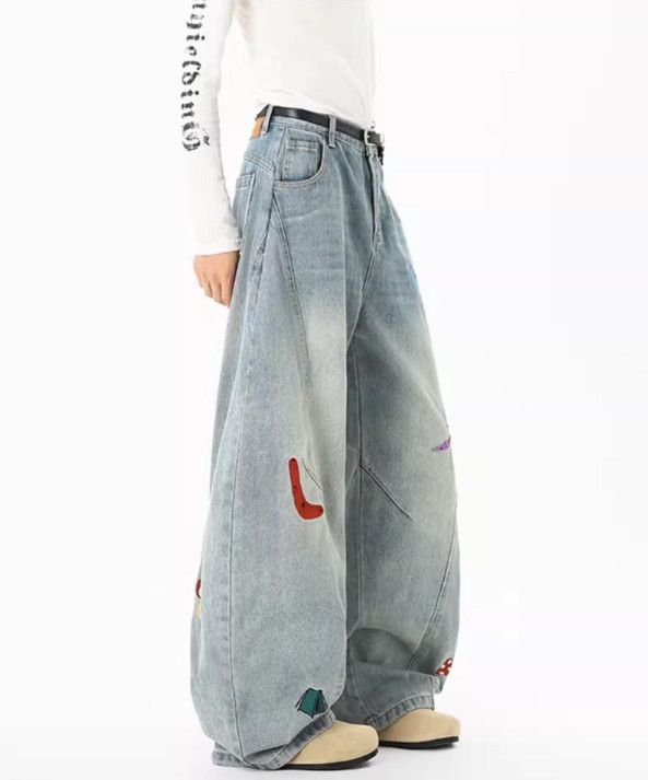 Jean High-street fun embroidered curved blade patchwork jeans Size US 32 / EU 48 - 3 Thumbnail