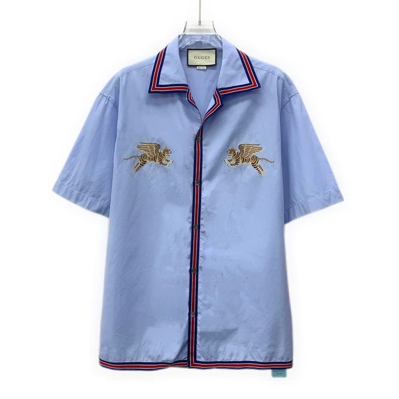 Gucci Gucci Blue striped tiger embroidered cotton lapel short-sle Size US M / EU 48-50 / 2 - 1 Thumbnail
