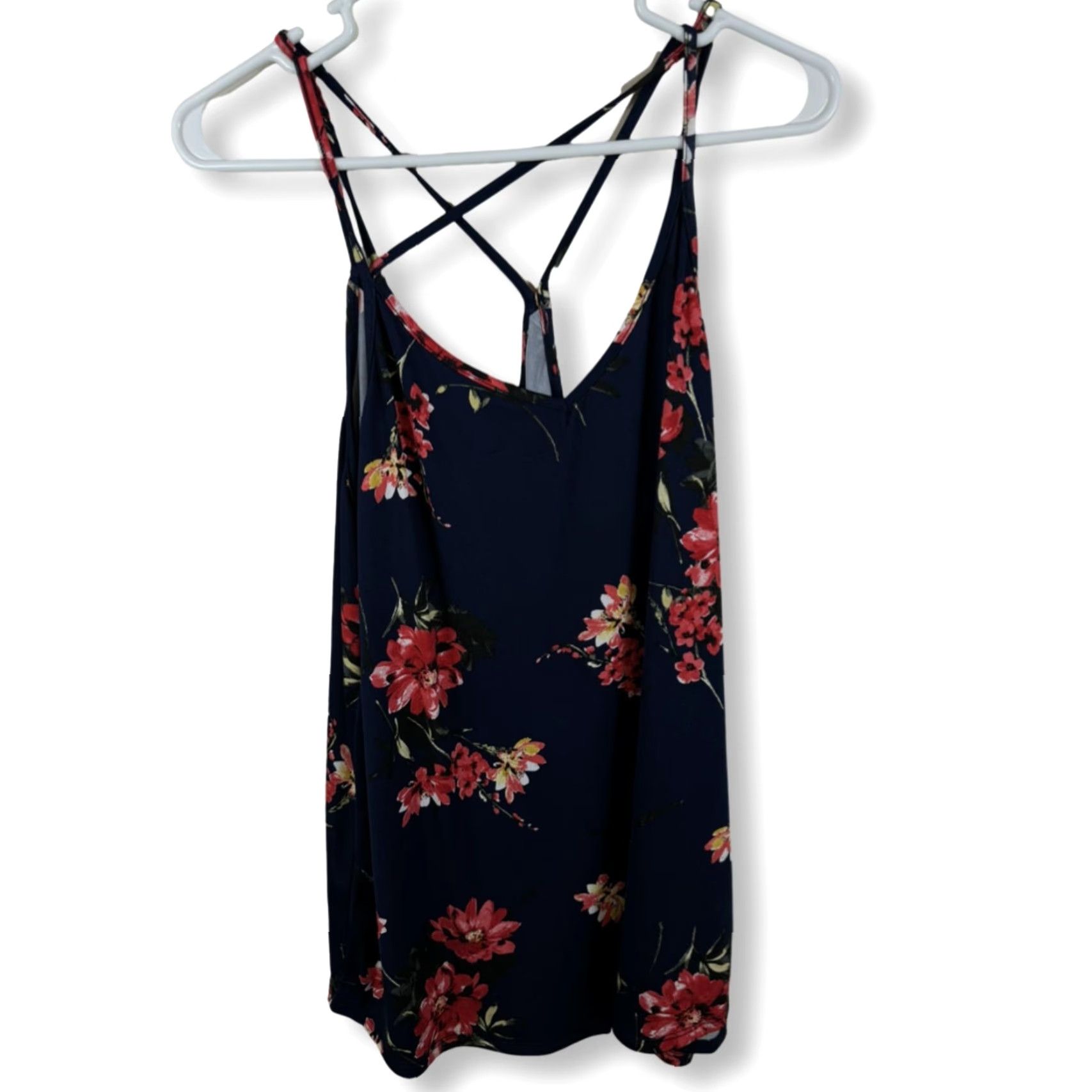 Vintage Papermoon Blouse Sleeveless Spaghetti Straps Navy Floral 1X Womens V-Neck Pullover Casual Party/Cocktail Travel Lightweight Polyester Spandex Rayon Size XL / US 12-14 / IT 48-50 - 2 Thumbnail