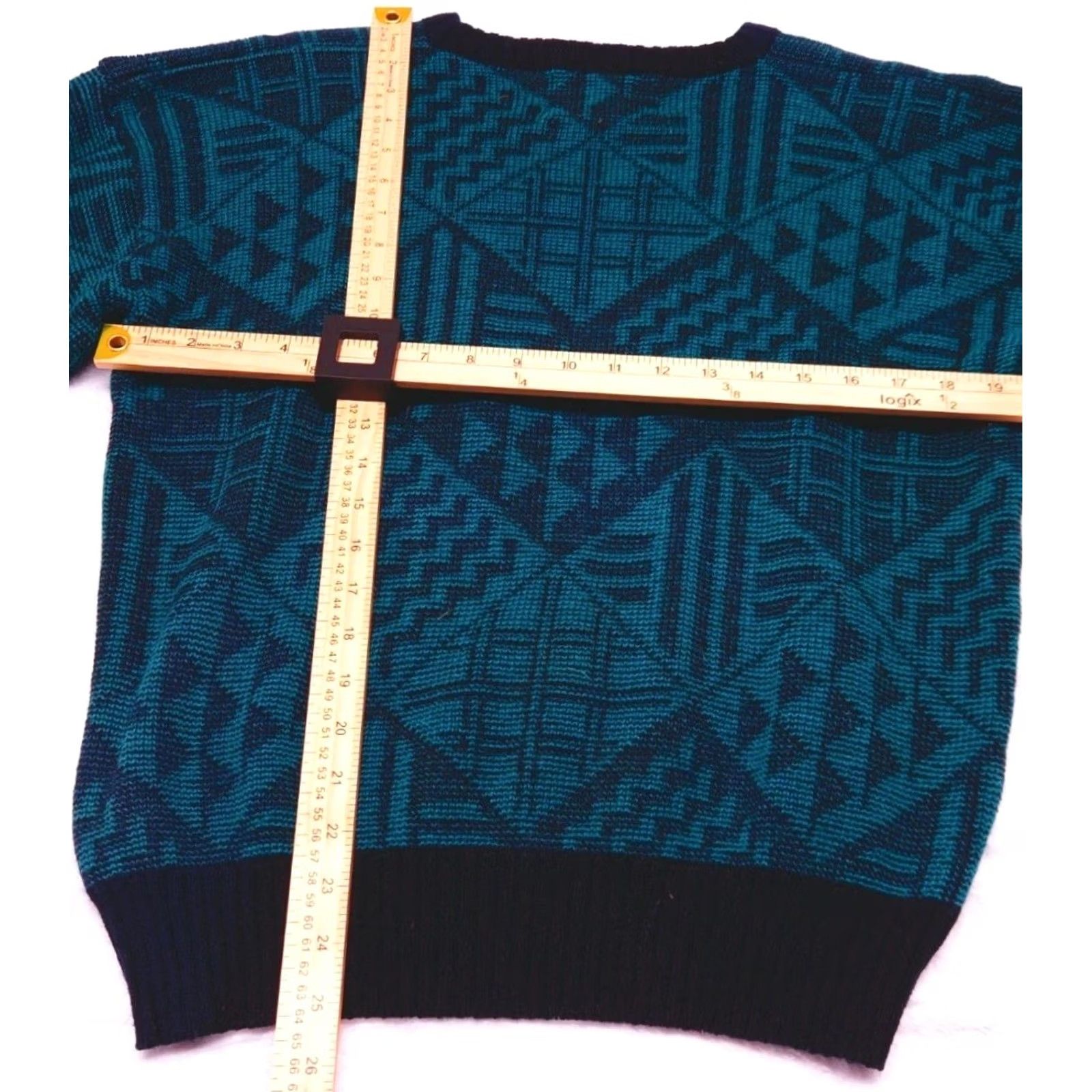 Altea VINTAGE Chartwell Teal Black Geometric Pattern Knit Sweater Crew Neck L Men Pullover 80s 90s Size US L / EU 52-54 / 3 - 6 Thumbnail