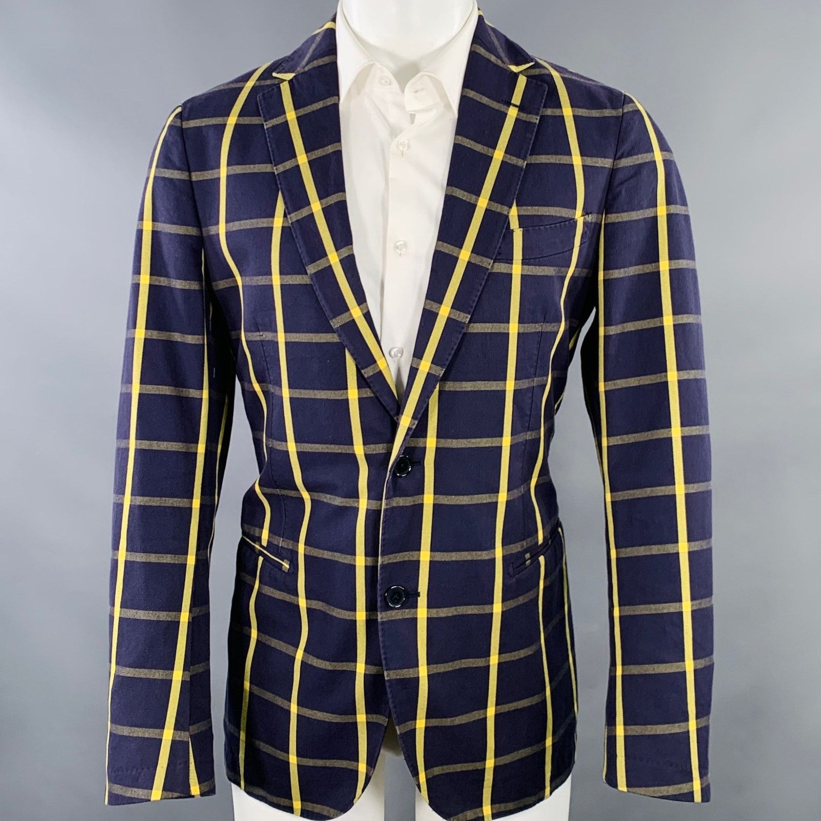 PIOMBO Navy Yellow Window Pane Cotton Notch Lapel Sport Coat Size 40R - 1 Thumbnail