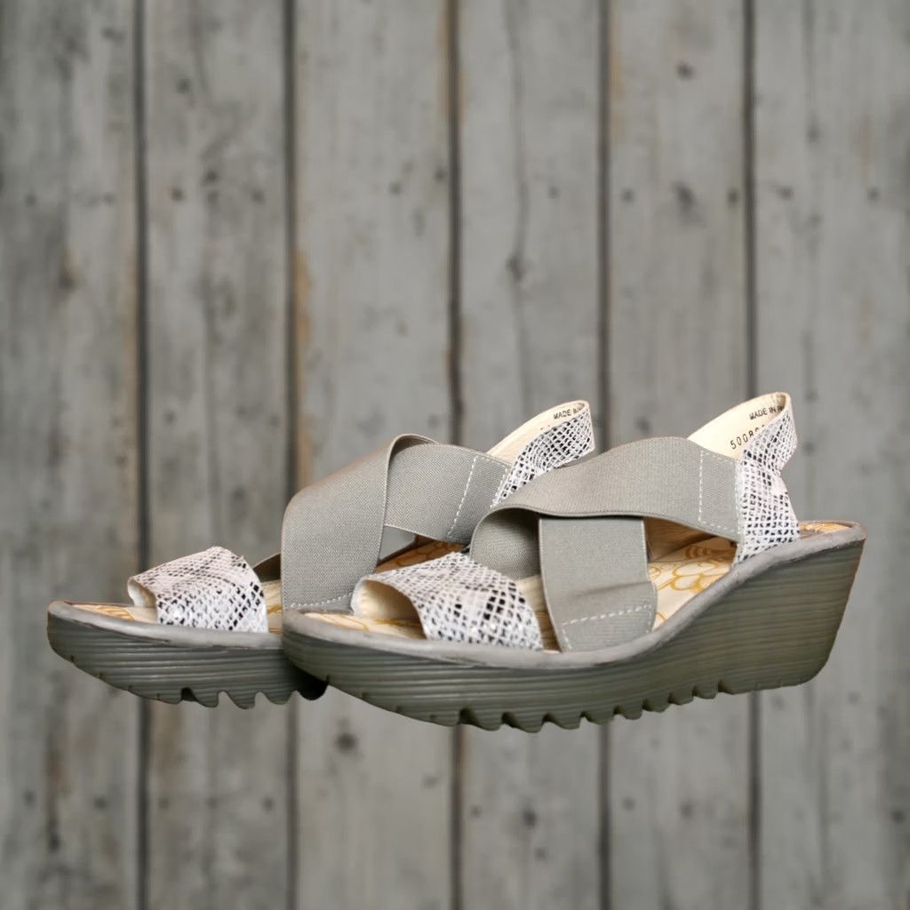 Fly London FLY London Yaji Elastic Snake Print Leather Wedge Sandals EU 39 ≈ US 8-8.5, Gray, Strappy, Mid Heel, Leather | Elastic, Sandal, Women Size US 8.5 / IT 38.5 - 1 Thumbnail