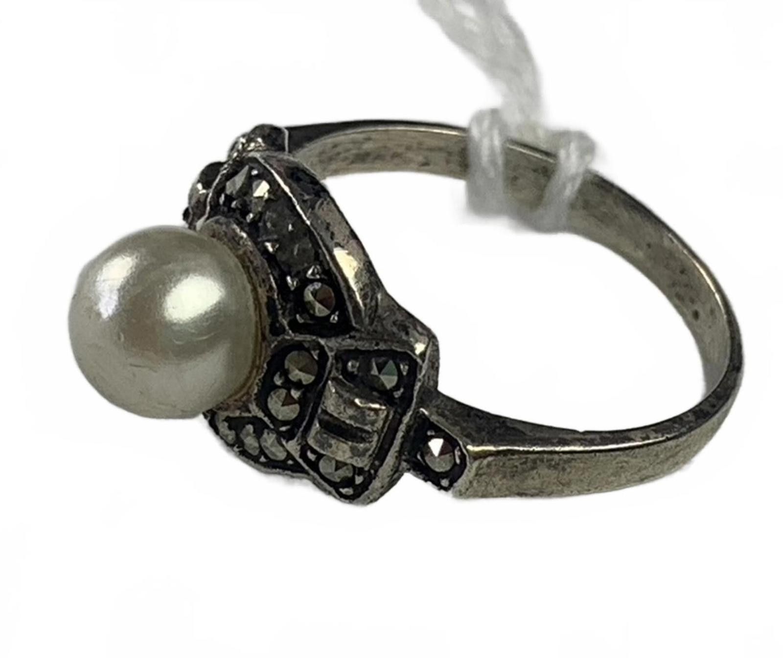 Other 925 Sterling Silver Marcasite & Faux Pearl Ring Size ONE SIZE - 3 Thumbnail