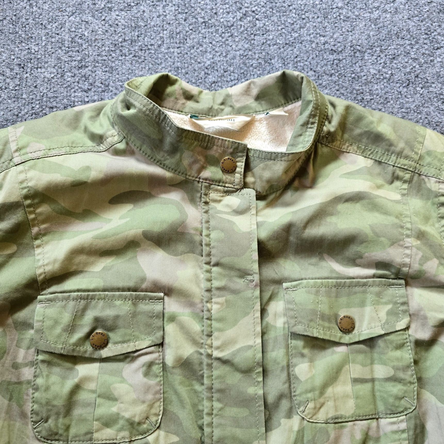 Vintage LL Bean Jacket Women Large Green Camo Pockets Fleece Lined Military Regular Fit Spring Fall Winter Field Coat Size L / US 10 / IT 46 - 2 Thumbnail