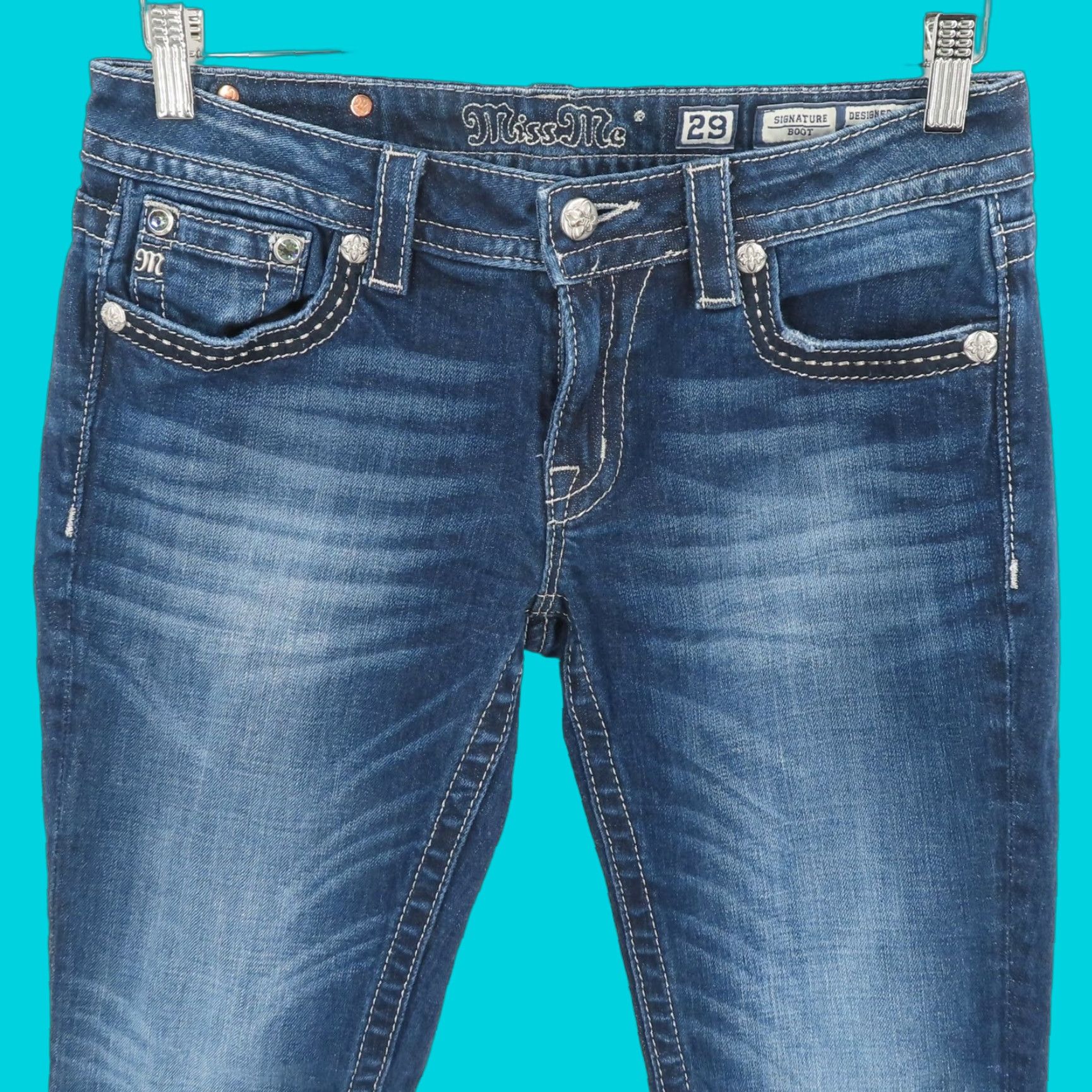 Miss Me Womens Jeans 29 Signature Boot Blue Silver Seams Rhinestone Hair Pocket