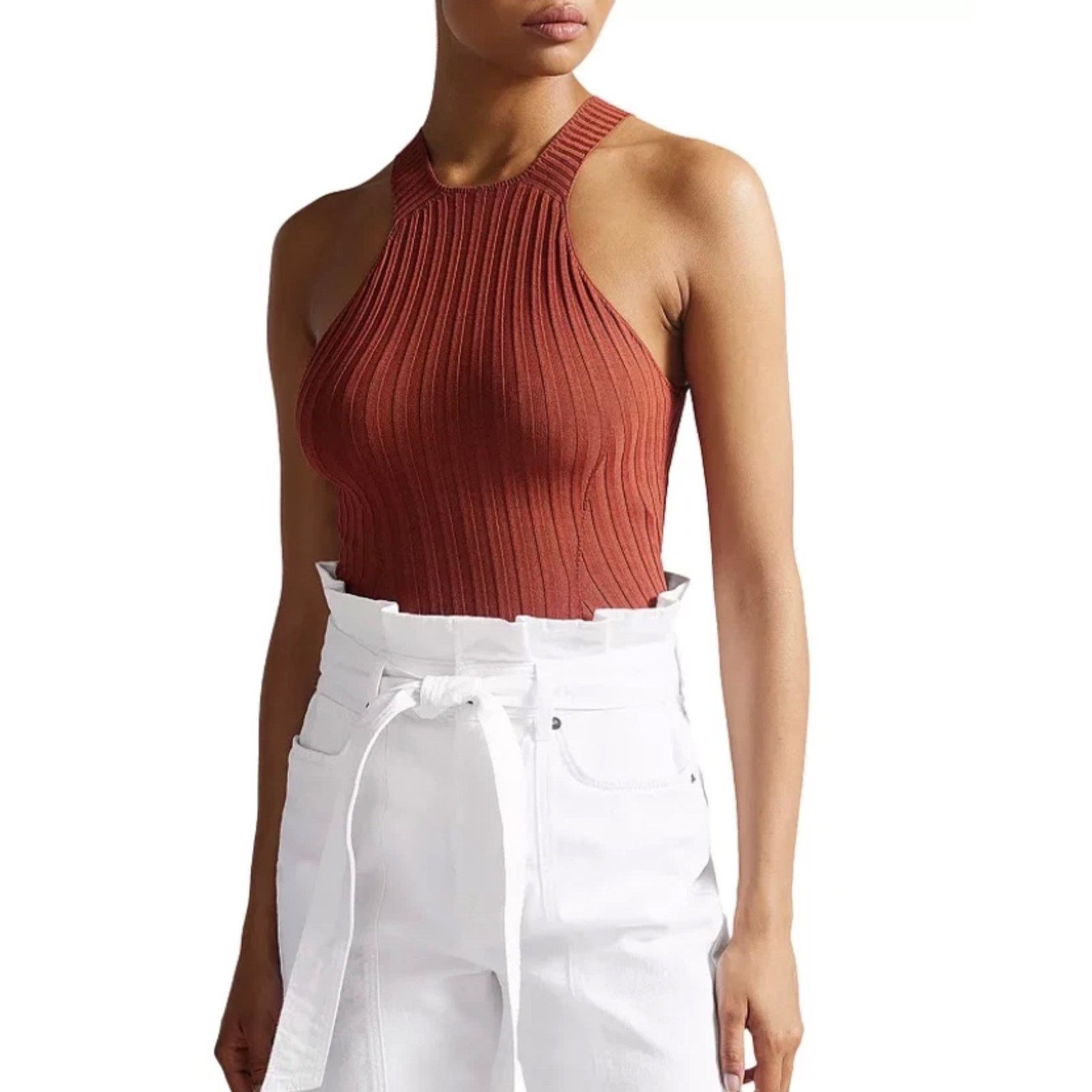 Ted Baker Ted Baker London Feoniix Knitted Halterneck Top Dark Red Rib Size S / US 4 / IT 40 - 2 Thumbnail
