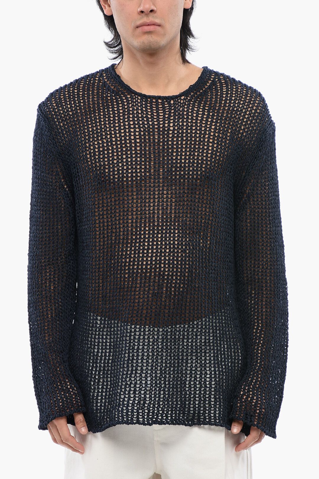 Jil Sander og1mm0625 Crewneck Openwork Cotton Sweater in Blue Size US S / EU 44-46 / 1 - 1 Thumbnail