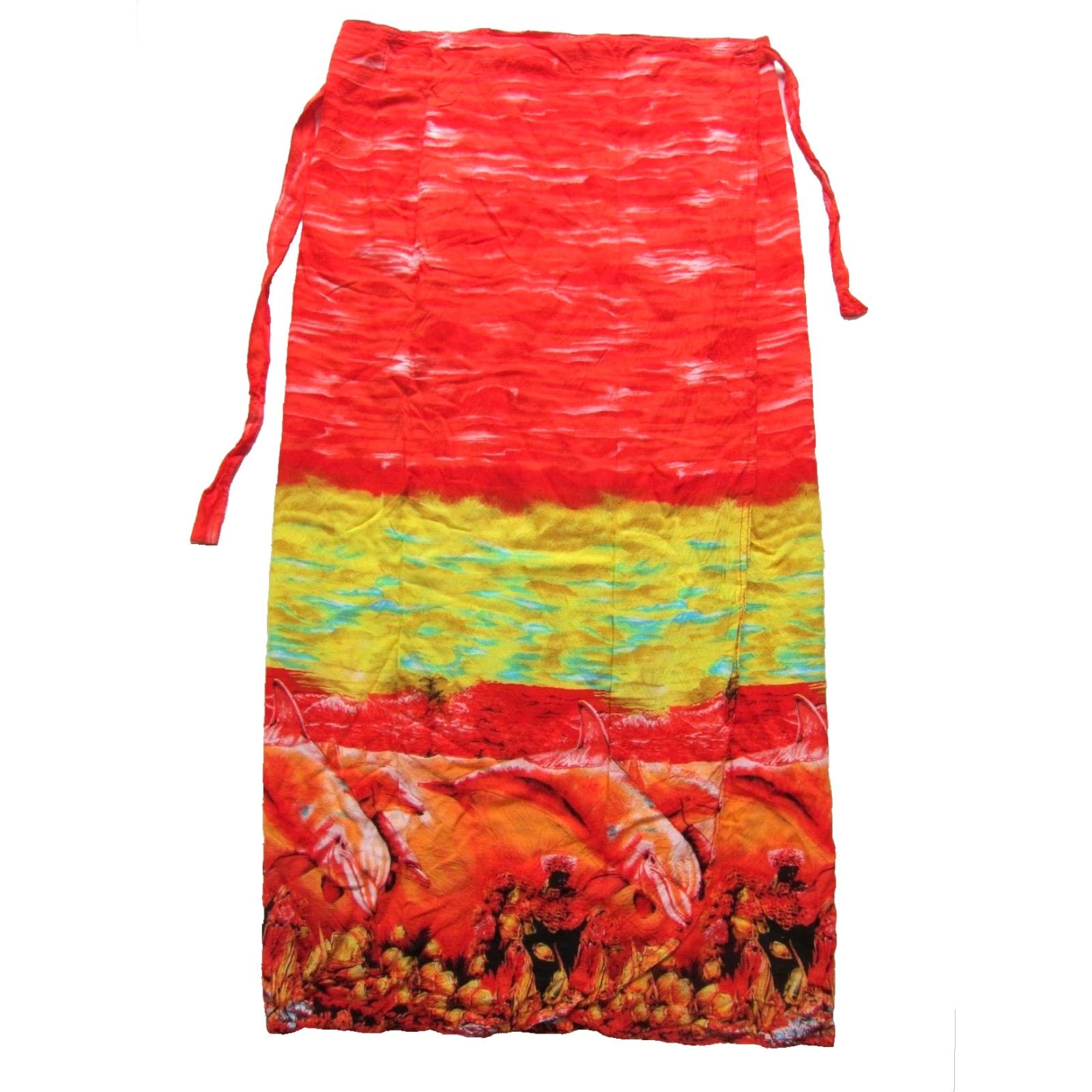 Vintage VINTAGE 100% Rayon Red Yellow Orange Dolphin Long Maxi Wrap Skirt M-L Size 32" / US 10 / IT 46 - 2 Thumbnail