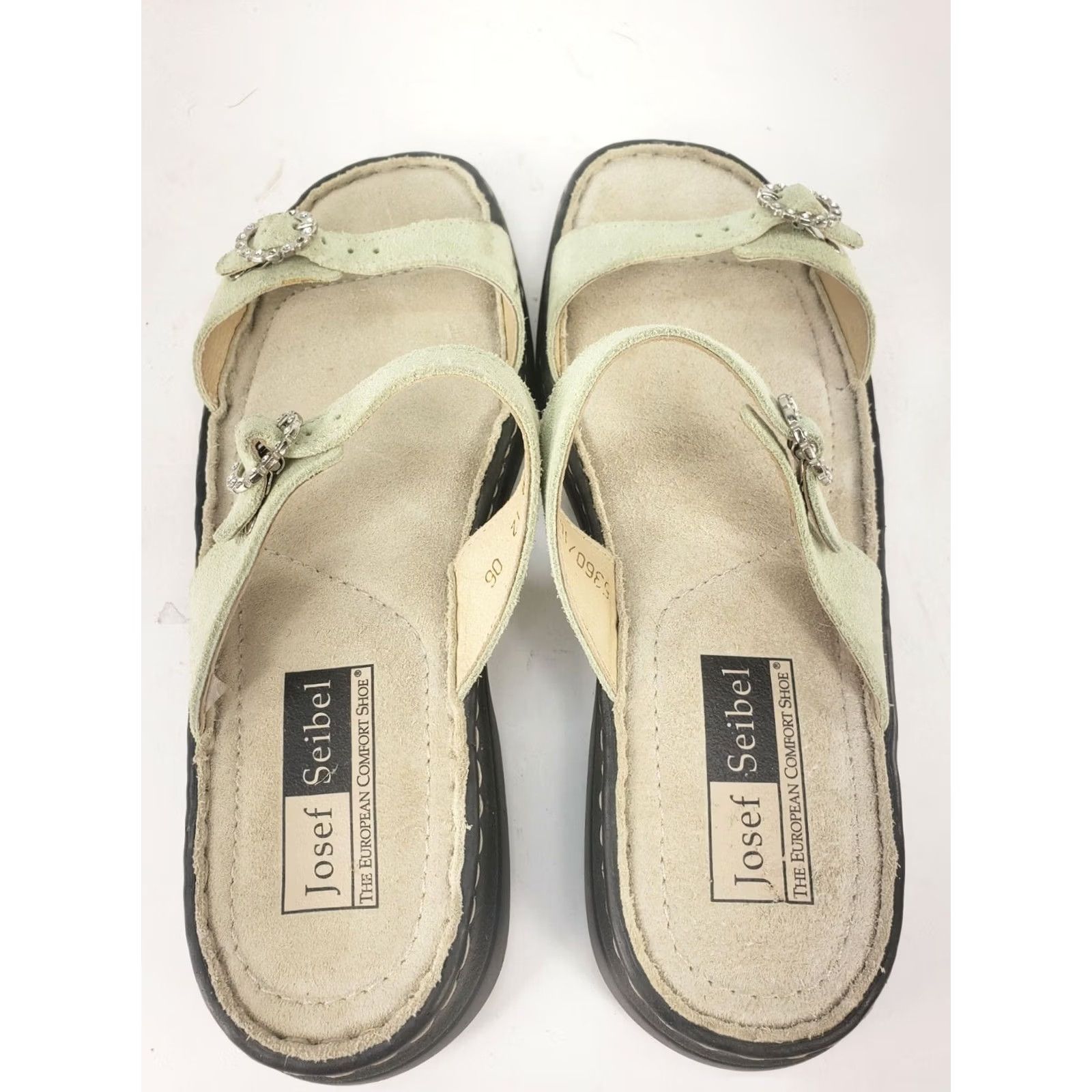 Vintage Josef Seibel Slide Sandals Womens 7.5 Mint Green Suede Buckle Strap Casual Wedding Party Travel Style Size US 8 / IT 38 - 6 Thumbnail