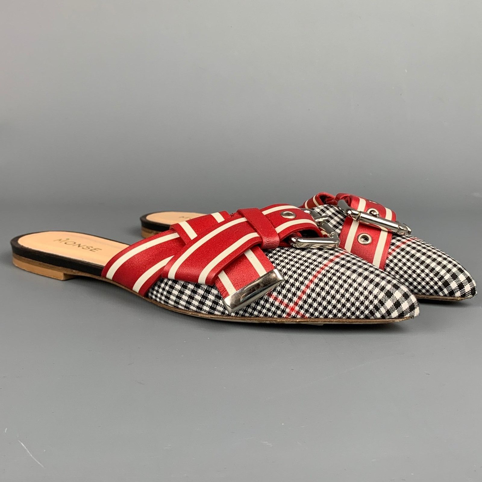 MONSE MONSE Red & Black Fabric Buckle Pointed Toe Mule Flats Size US 8 / IT 38 - 2 Thumbnail