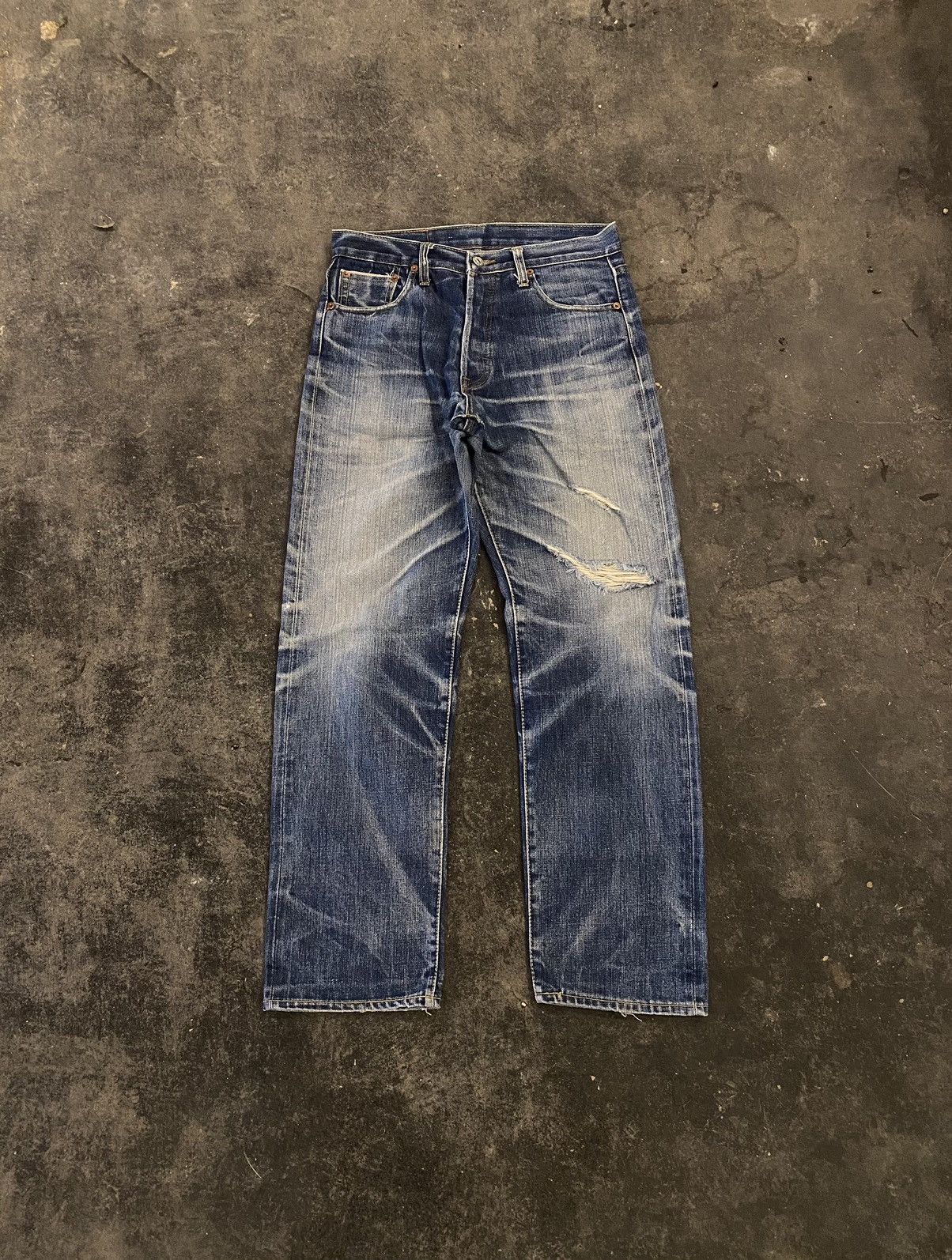 image of Distressed Denim x Levis Vintage Clothing Levis 501 Big E Distressed Selvedge Jeans in Blue (Size 3