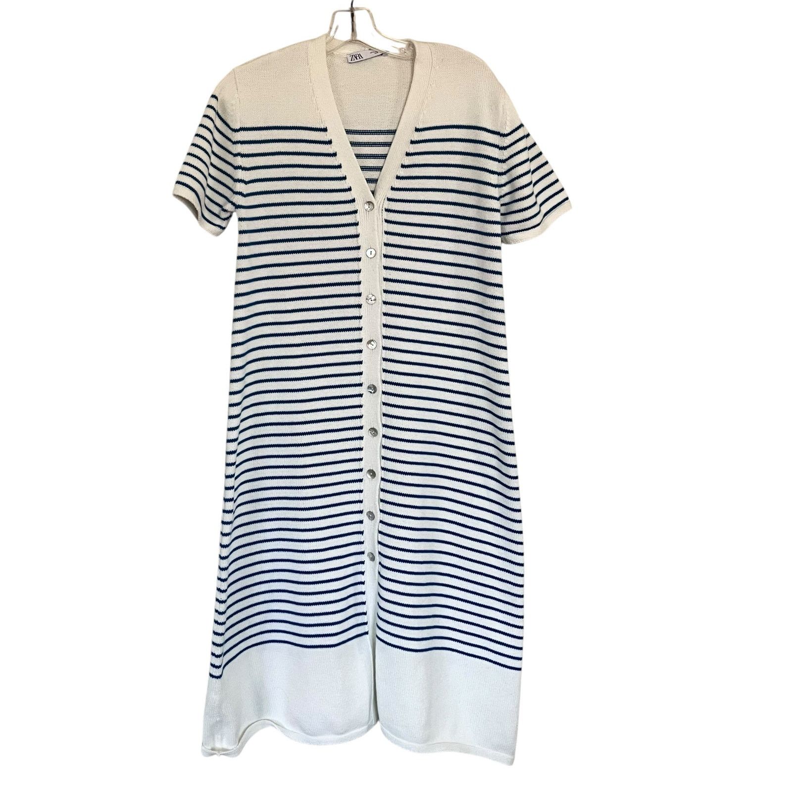 Zara Zara Cream Blue Striped Button Front Knit Midi Sweater Dress | Grailed