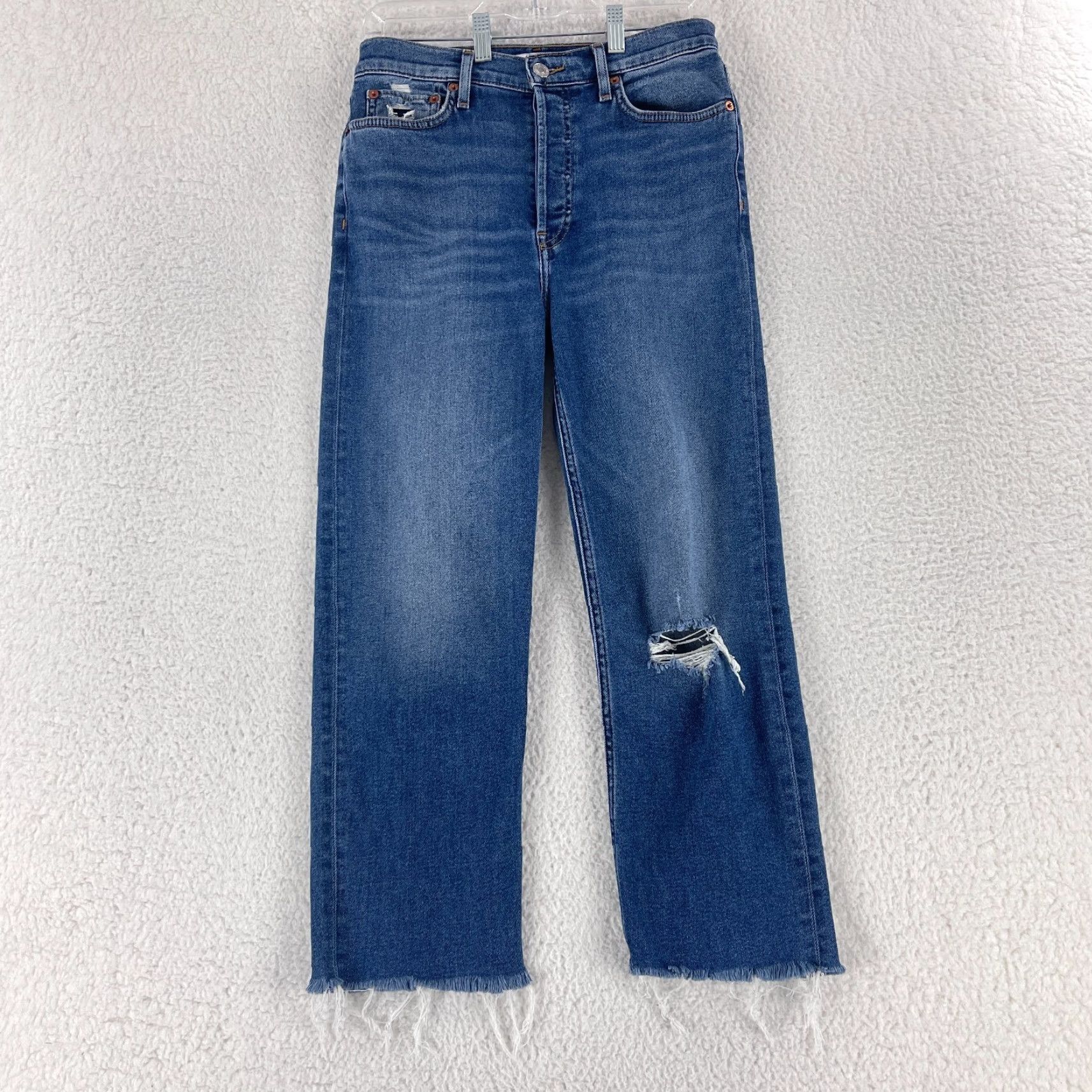 RE/DONE Re/Done 70s Stovepipe Jeans Womens Size 28 Blue Denim Straight Leg Frayed Hem Jeans Size 28" / US 6 / IT 42 - 2 Thumbnail