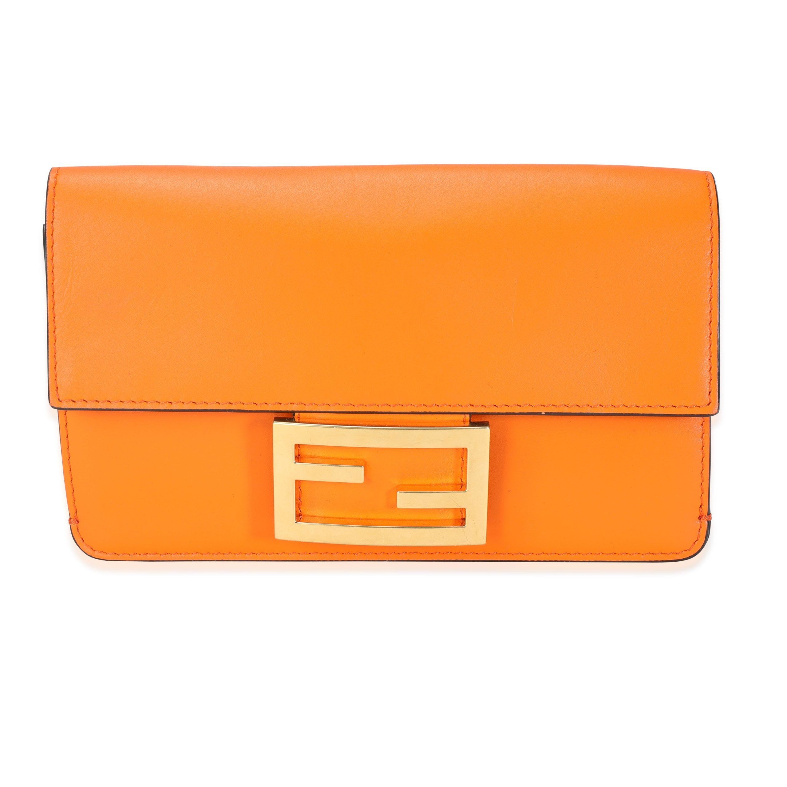 image of Fendi Orange Calfskin Mini Flat Baguette With Brown 'strap You' Strap, Women's