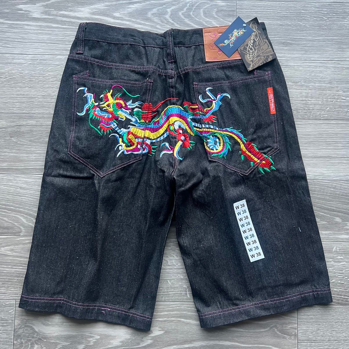 Pre-owned Ed Hardy X Vintage Crazy Vintage Y2k Ed Hardy Baggy Jorts Dragon Embroidered In Black