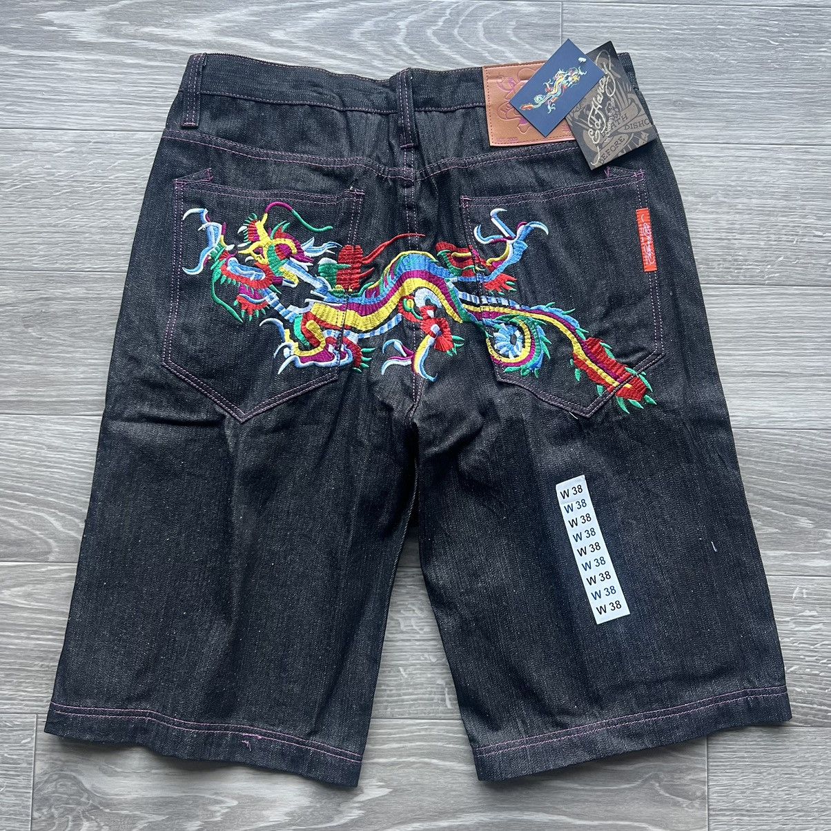 Pre-owned Ed Hardy X Vintage Crazy Vintage Y2k Ed Hardy Baggy Jorts Dragon Embroidered In Black