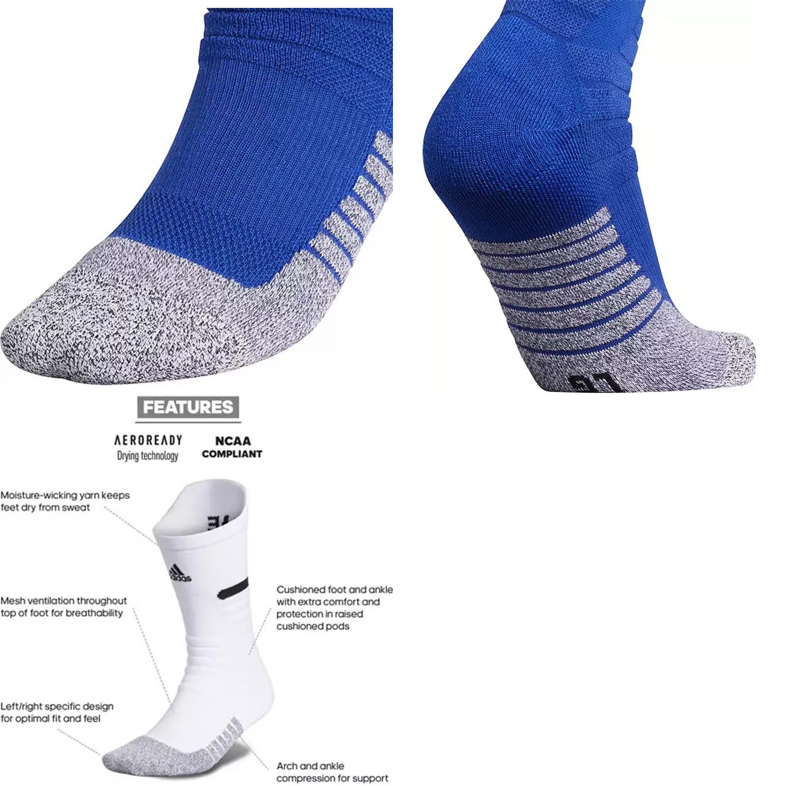 Adidas Adidas Crew Socks Mens XL 12-16 Max Cushioned Adizero Football Blue Lot of 2 Size ONE SIZE - 8 Thumbnail