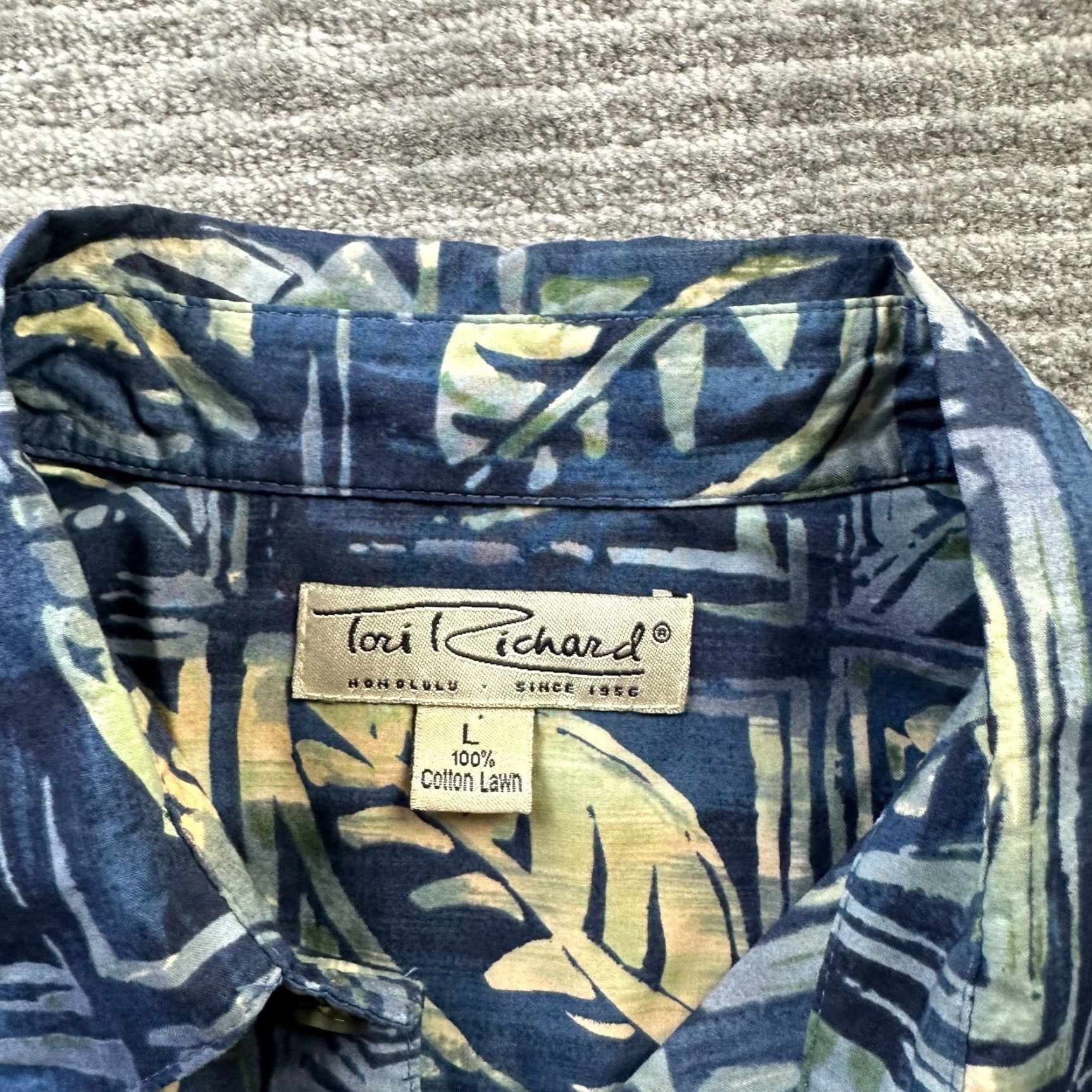 Tori Richard Tori Richard Shirt Mens L Blue Geometric Palms Button Up Hawaiian Multicolor Cotton Lawn Size US L / EU 52-54 / 3 - 6 Thumbnail