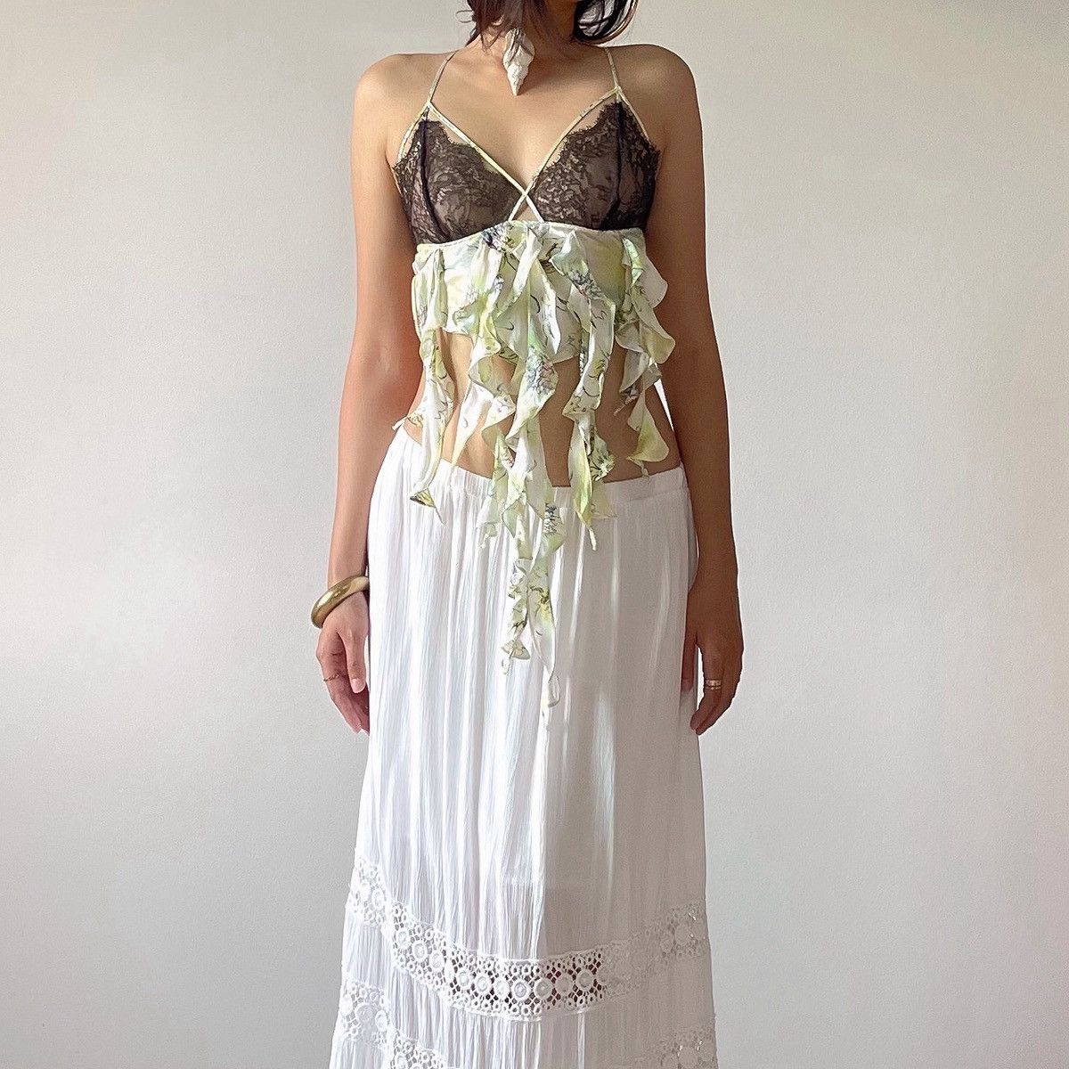Handmade Romantic Green Floral Ruffled Silk & Lace Camisole (XS–S) Size S / US 4 / IT 40 - 2 Thumbnail