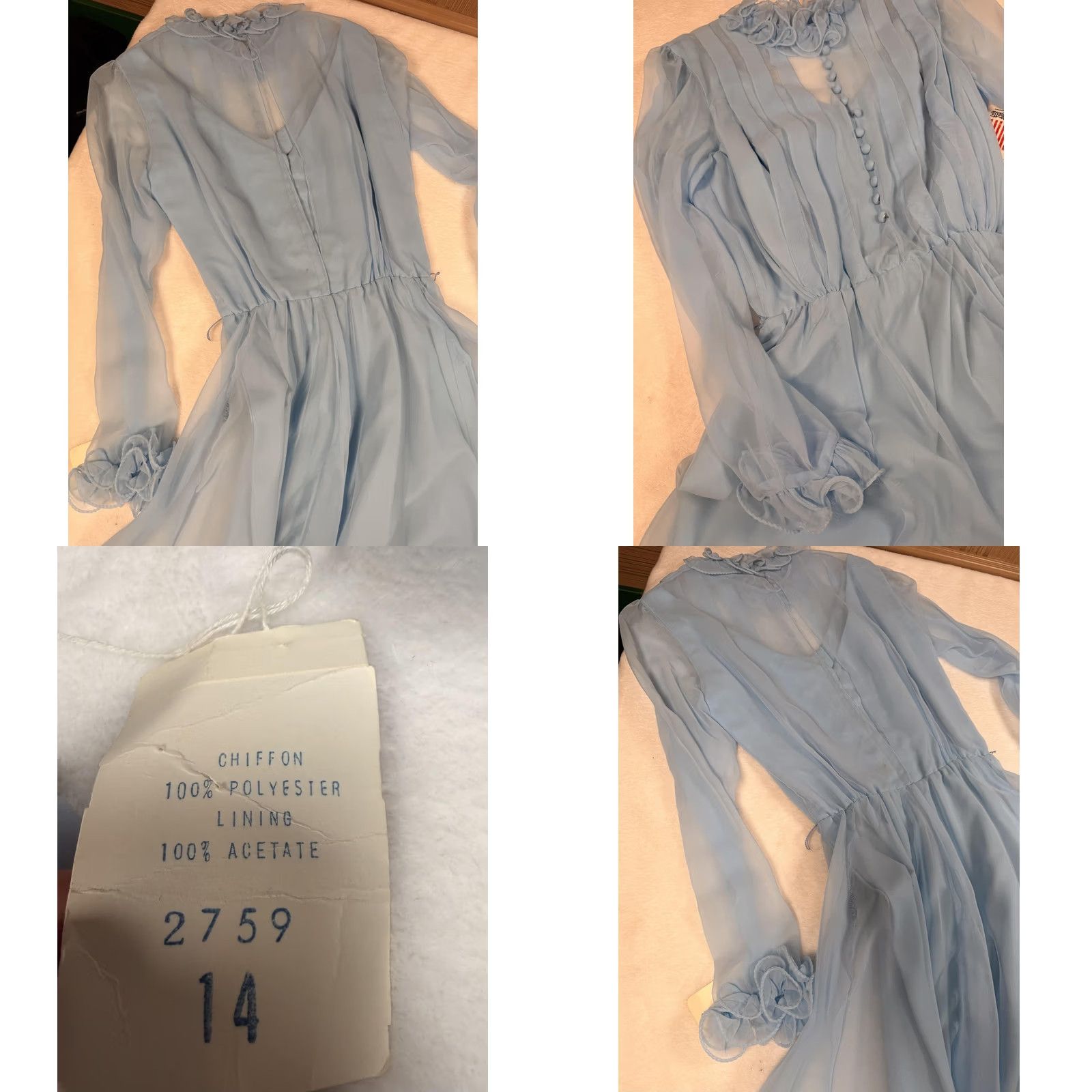 Vintage VINTAGE Miss Elliette Dress 14 Blue Chiffon High Neck Maxi Gown Ruffle Womens Size XL / US 12-14 / IT 48-50 - 8 Thumbnail