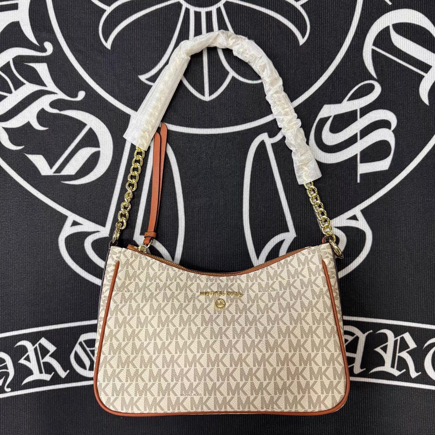 Michael Kors MK White & Brown All-Over Print Shoulder Bag Q10 Size ONE SIZE - 3 Thumbnail