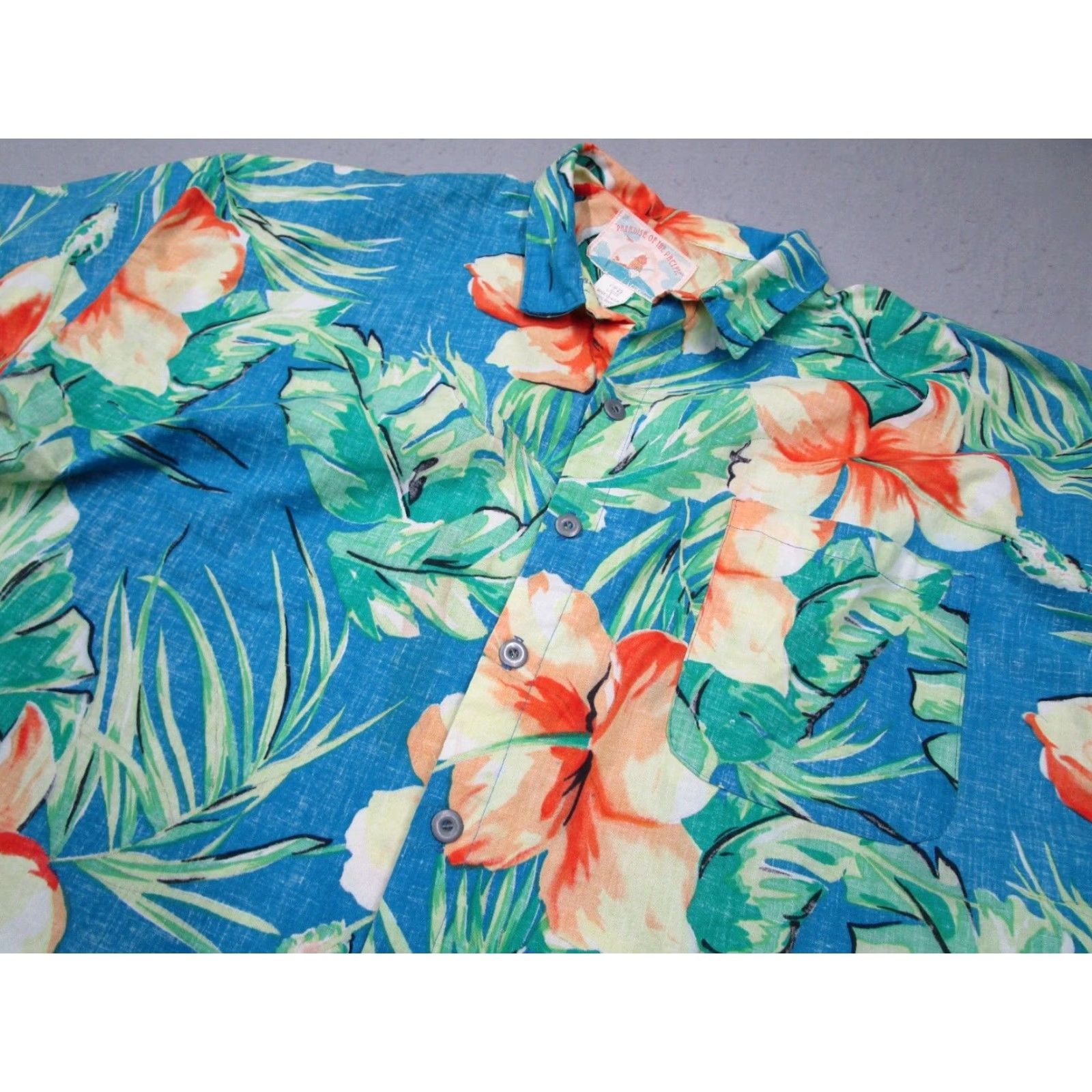 Paradise VINTAGE Paradise of The Pacific Men's Shirt Short Sleeve Hawaiian Floral Button Up Blue 60s 70s Retro Made in USA Size US L / EU 52-54 / 3 - 2 Thumbnail