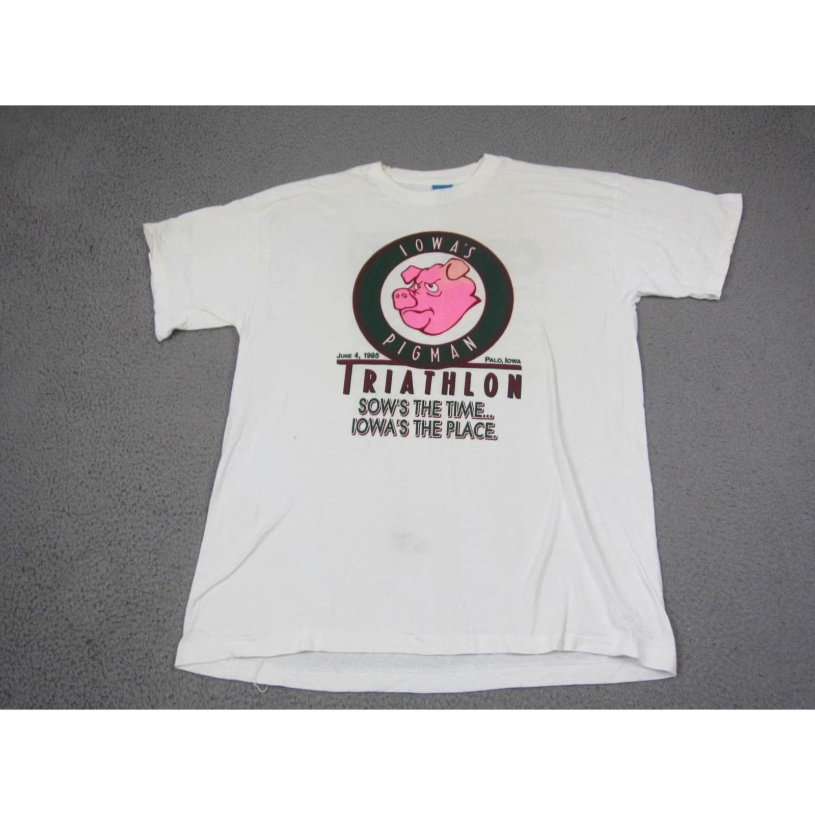 Fruit Of The Loom Vintage Fruit of the Loom Mens XL White T-Shirt Sows The Time 1995 90s Pigman Iowa Shirt Size US XL / EU 56 / 4 - 2 Thumbnail