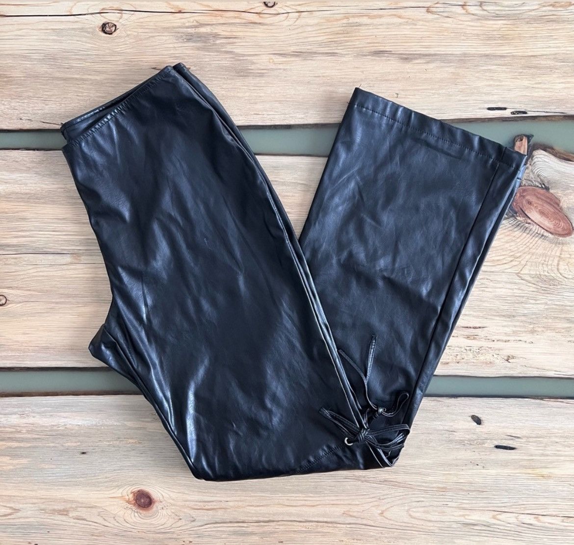 image of Vintage Y2K Rave 4 Real Pleather Low Rise Flared Lined Pants in Black, Women's (Size 28)