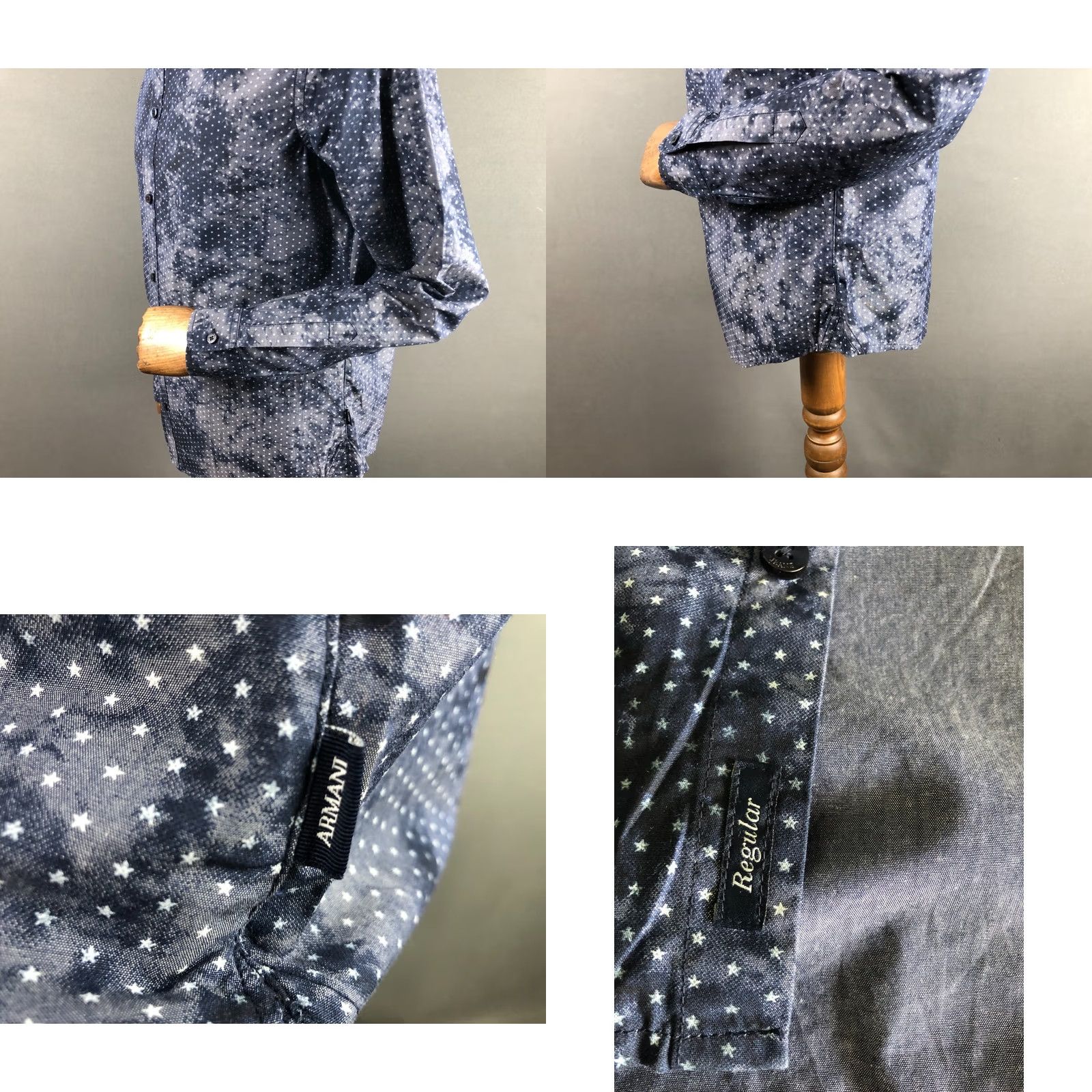 Vintage Armani Jeans Men's Shirt XL Blue Cotton Patterned Long Sleeve Stars Casual Button-Up with Branded Buttons Size US XL / EU 56 / 4 - 8 Thumbnail
