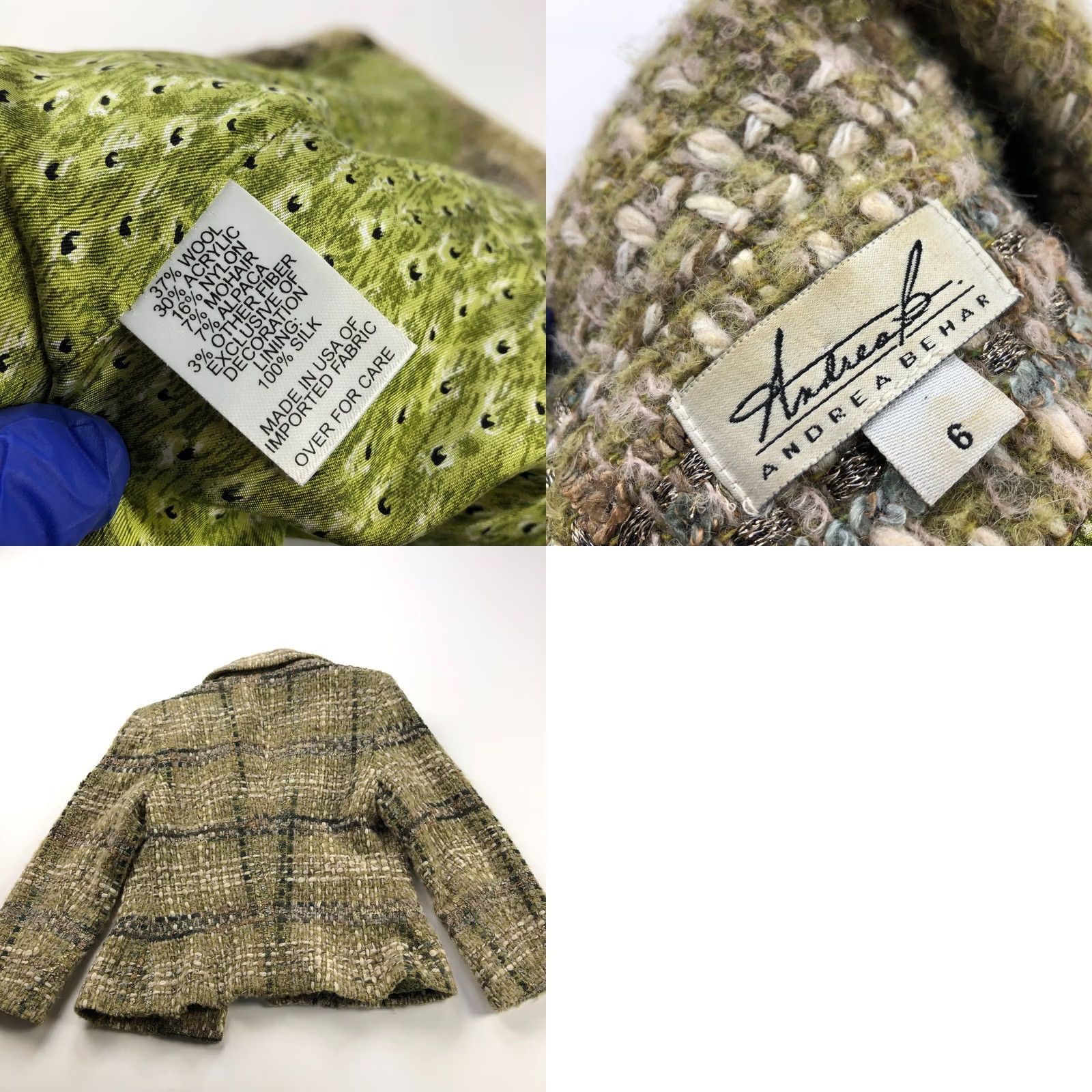 Vintage Andrea Behar Size 6 Tweed Wool Acrylic Open Front Blazer Jacket Brown Green Womens Size M / US 6-8 / IT 42-44 - 8 Thumbnail