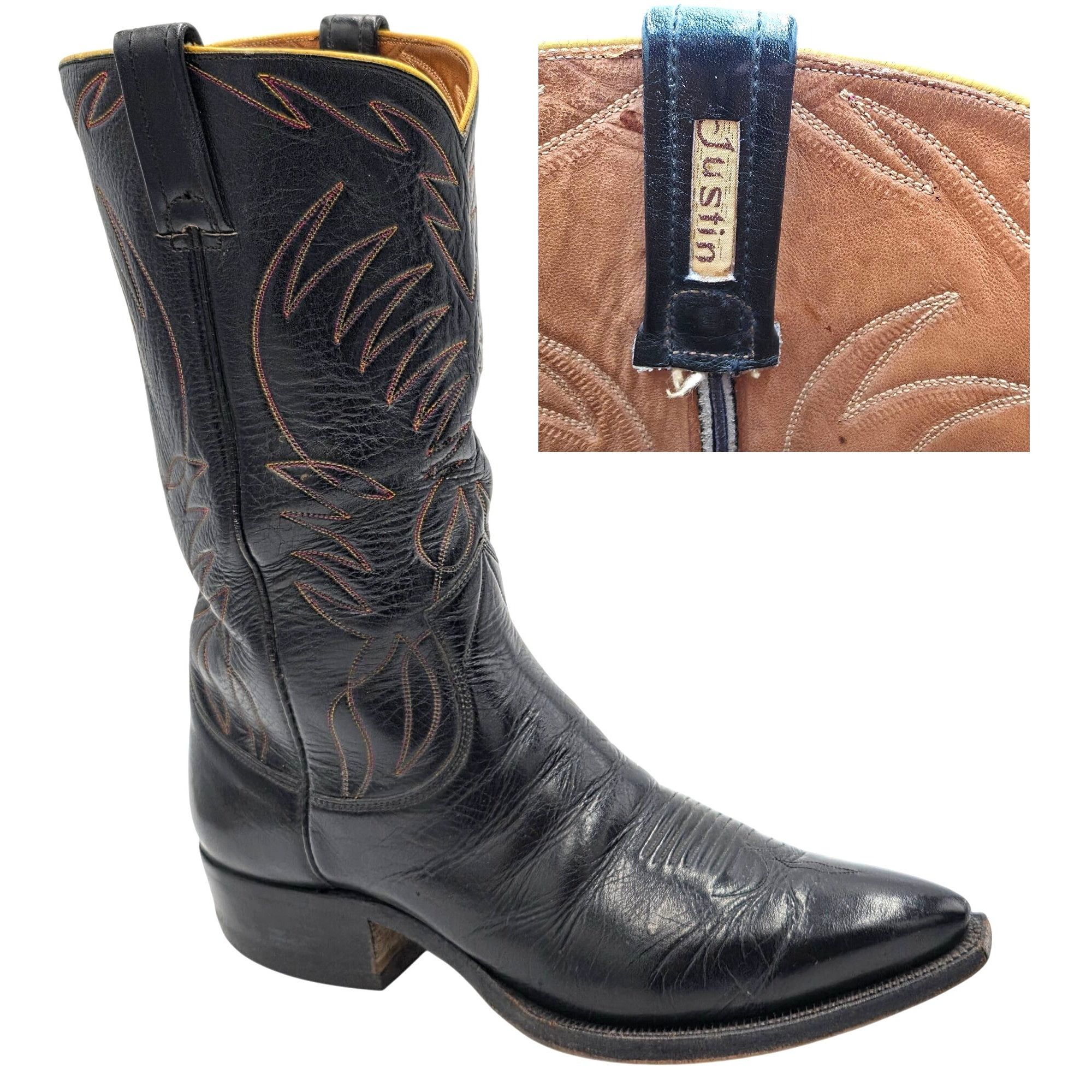 Justin Boots 1950s? Vintage Justin Boots Black Leather Men 10.5D Snip-toe Size US 10.5 / EU 43-44 - 2 Thumbnail
