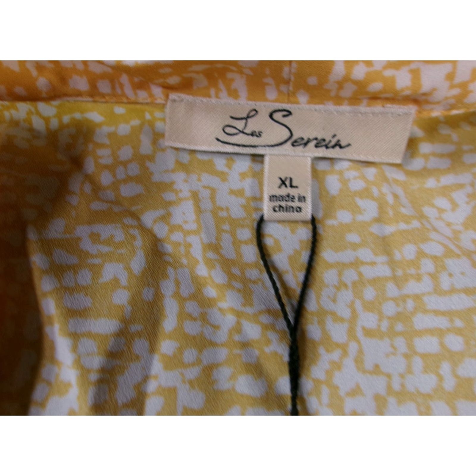 Vintage Les Serein Blouse Womens XL Yellow Surplice Wrap Front Cap Sleeve Polyester Abstract Print V-Neck Pullover Draped Wrap Casual Size XL / US 12-14 / IT 48-50 - 6 Thumbnail