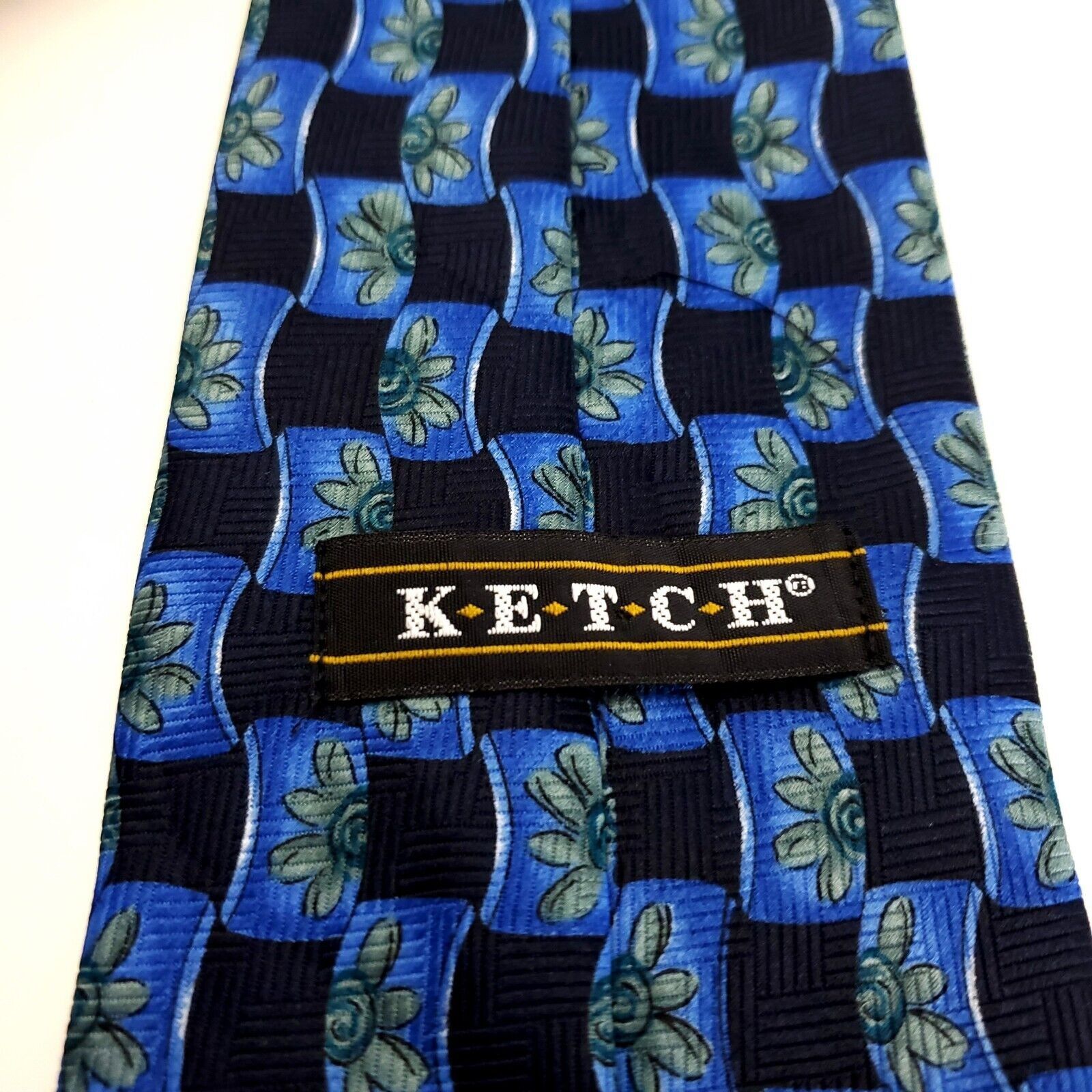 Designer Ketch Polyester Blue Geometric Floral Short Wide Tie Size ONE SIZE - 3 Thumbnail