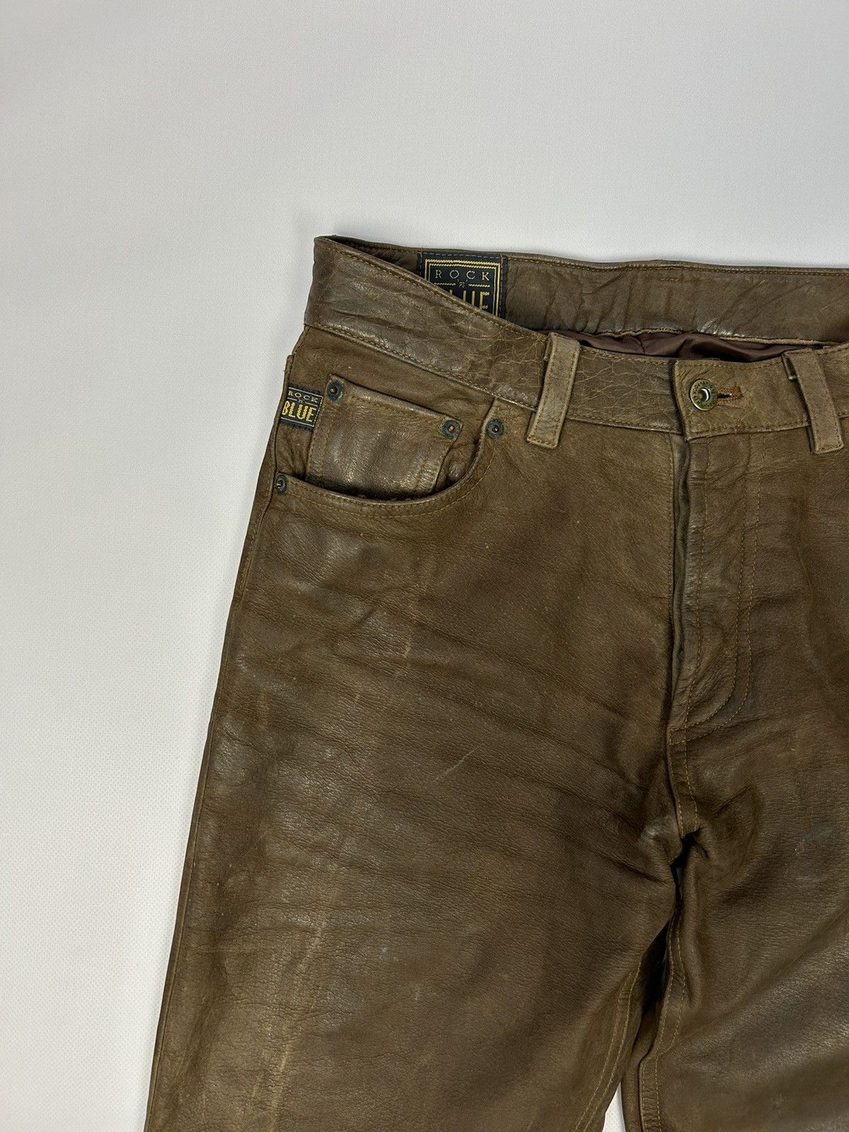 Genuine Leather × Vintage Rock n Blue Brown Leather Pants Size W31 L34 Vintage 90s Size US 31 - 4 Thumbnail