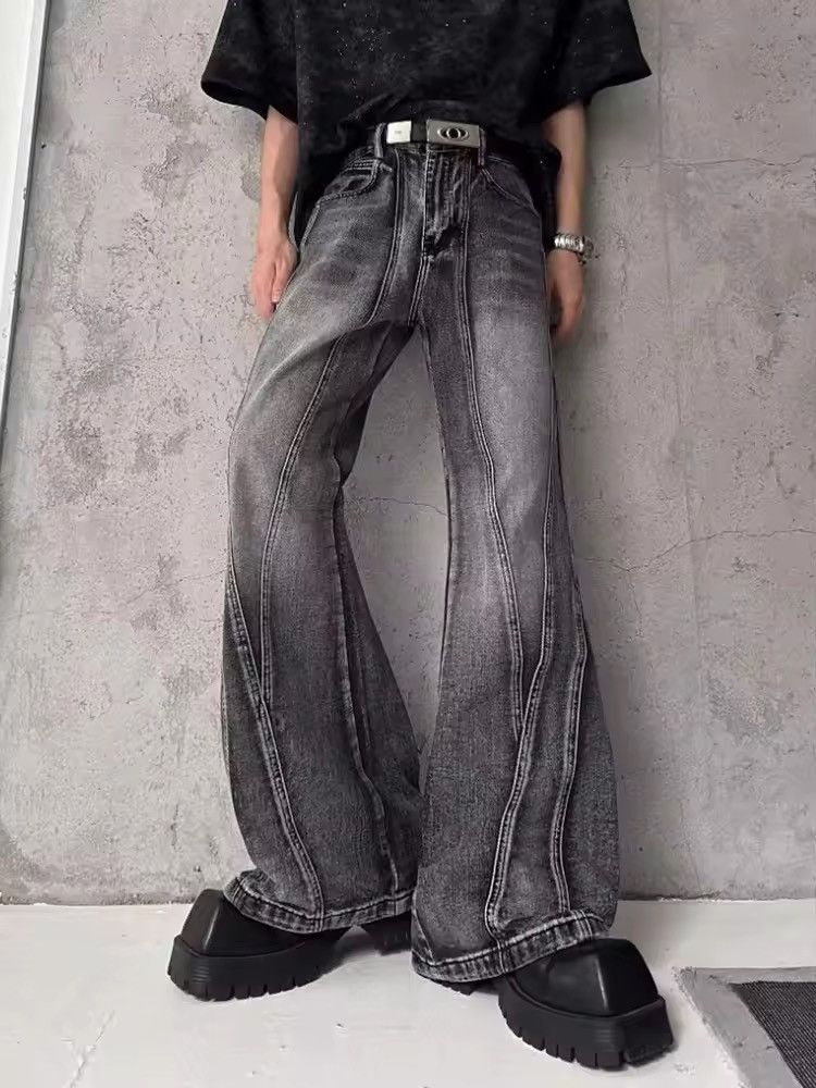 Streetwear Washed Grey Baggy Stacked Flare Jeans
