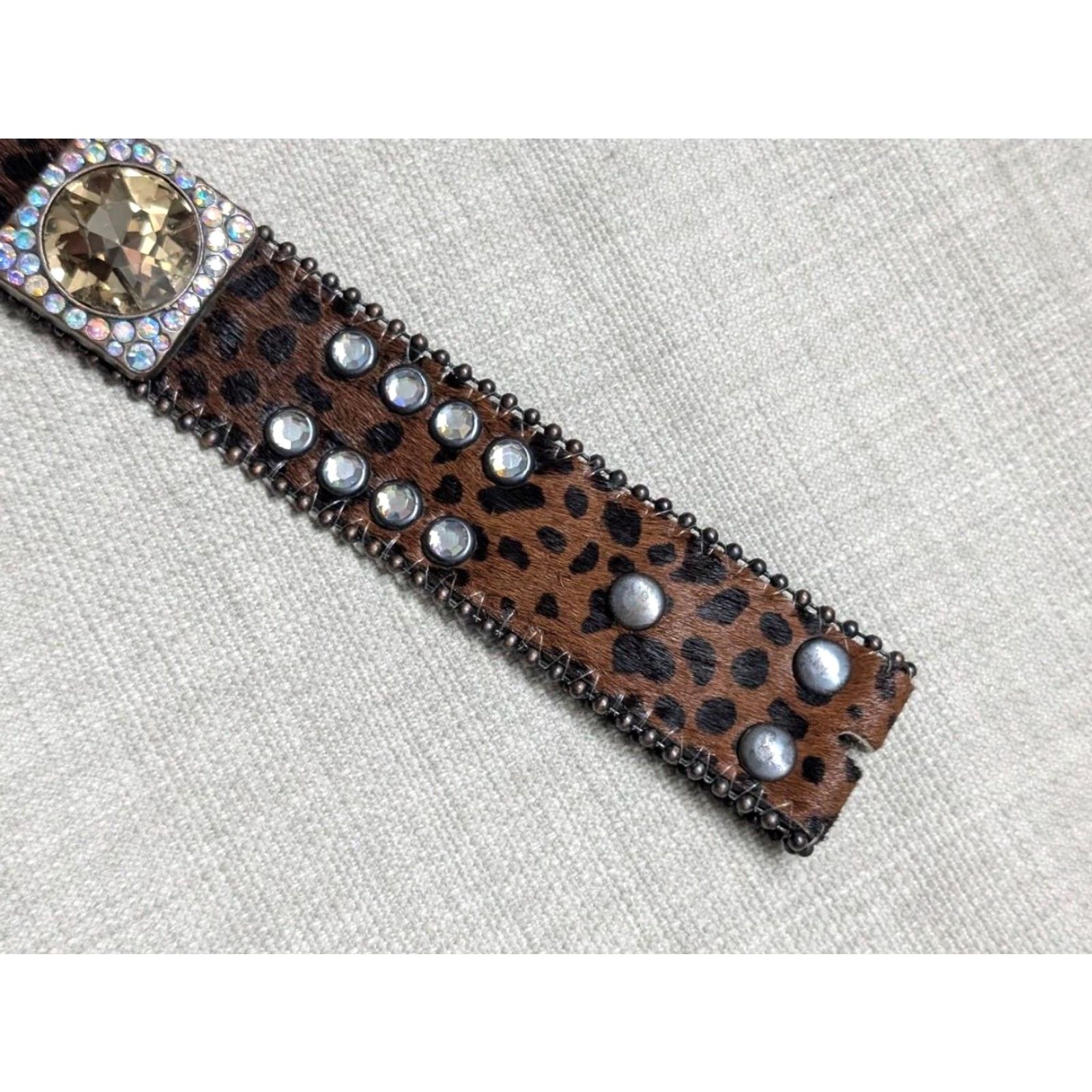 Vintage VINTAGE Y2K COW H AIR rhinestone LEOPARD leather BELT 38 brown STUDDED Western Belt, Cowboy, Rodeo, Southwestern Mens Size 38 - 6 Thumbnail