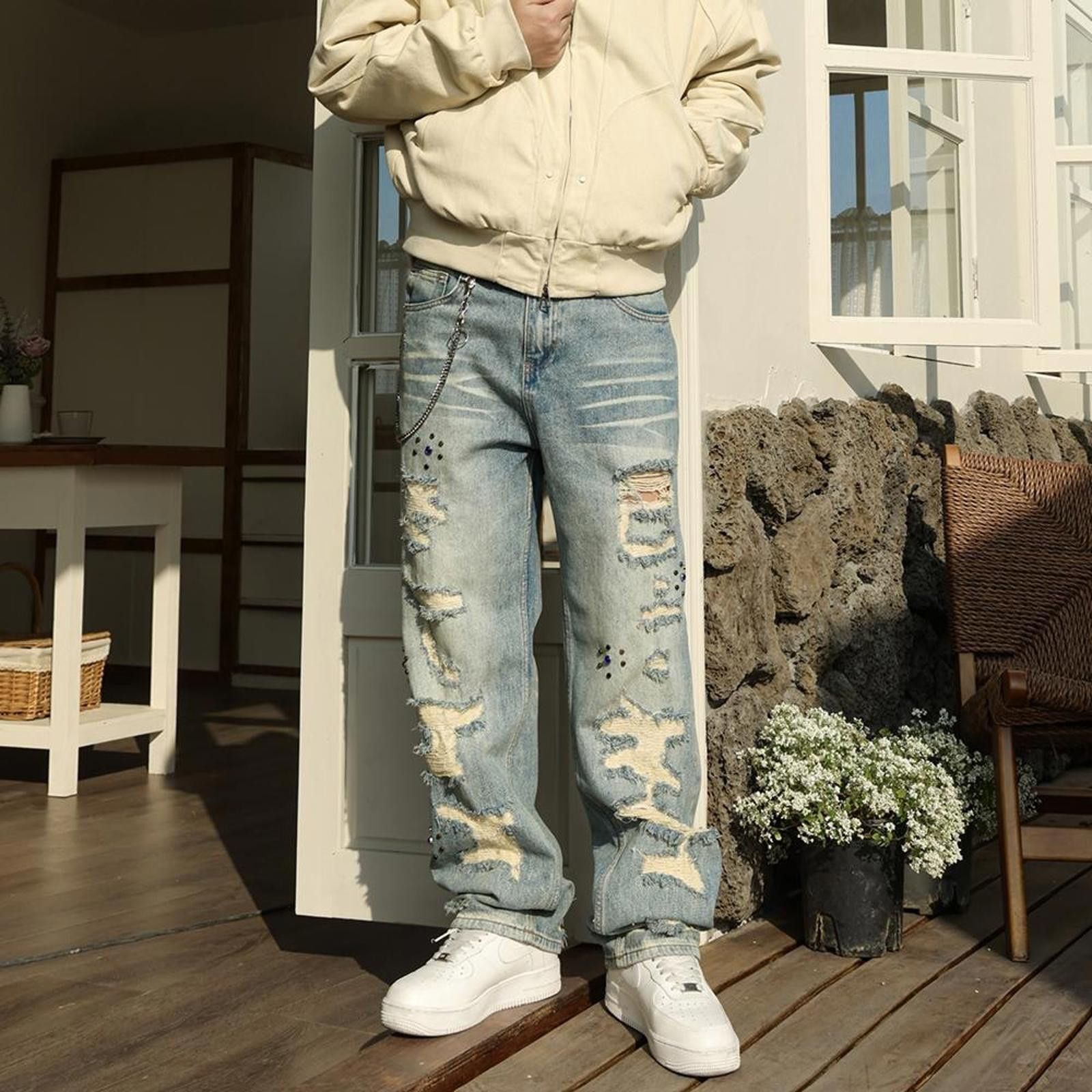 Jean × Vintage Retro Street Jeans – Ripped, Patched, Loose Leg Fit Size US 34 / EU 50 - 4 Thumbnail