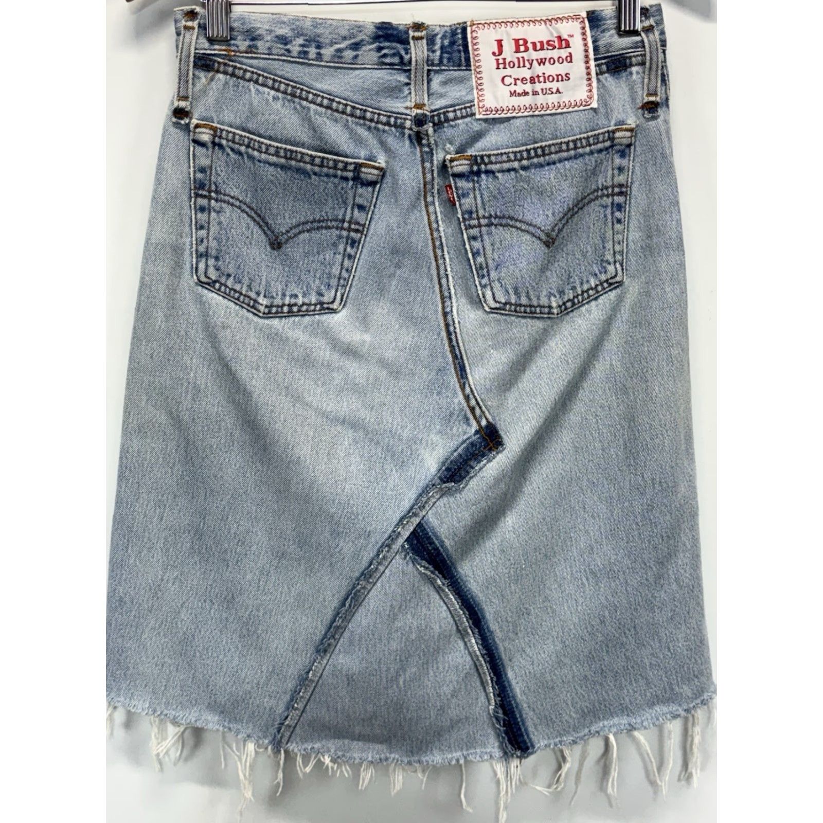 Levi's VINTAGE Levi's X J Bush Hollywood Creations Button Fly Denim Skirt Women 29 Blue 29" Waist Knee-Length Distressed Raw Hem 90s USA Womens Size 29" - 3 Thumbnail