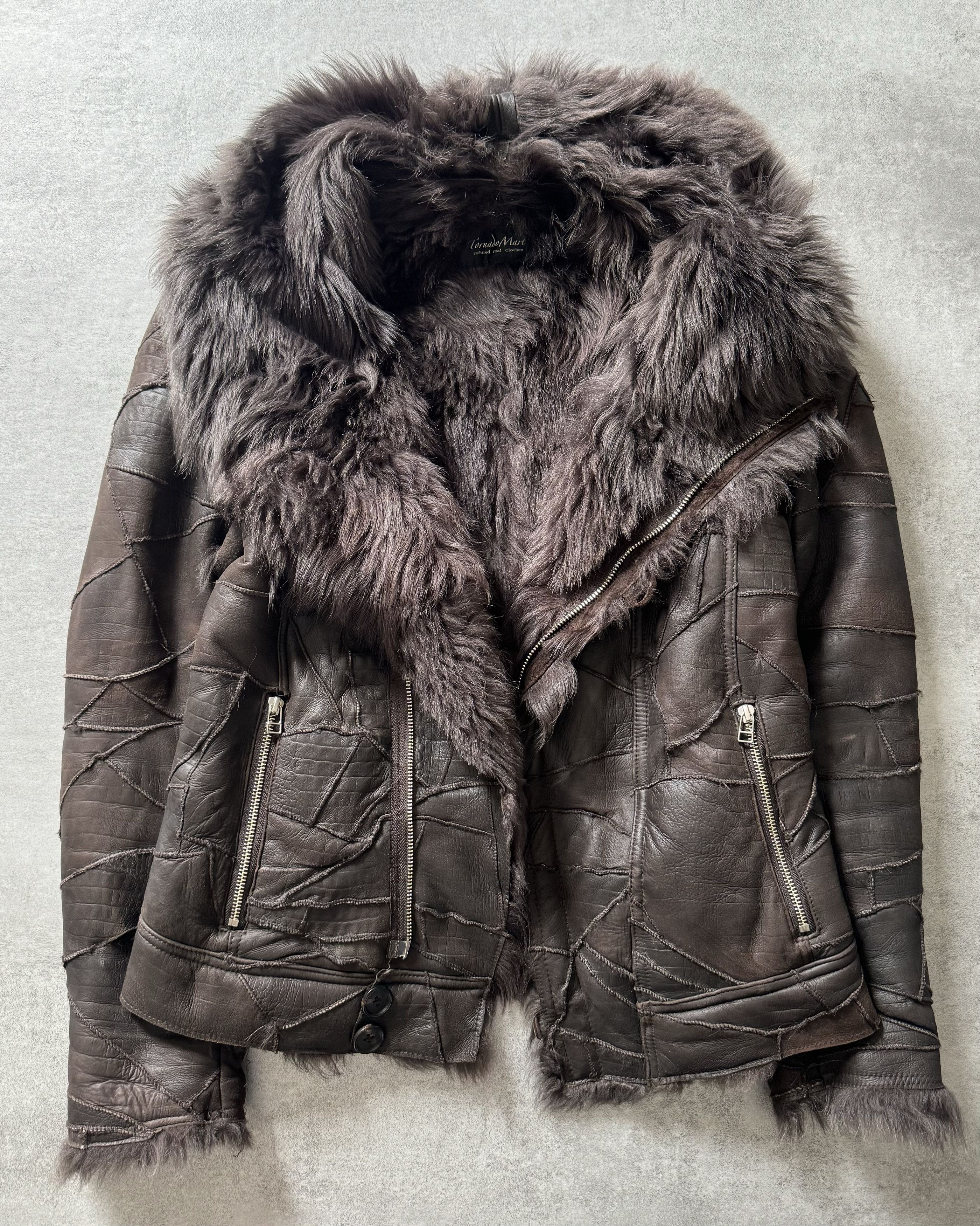 image of Archival Clothing x Tornado Mart Brown Twisted Fur & Leather Patchwork Jacket, Men's (Size Medium)