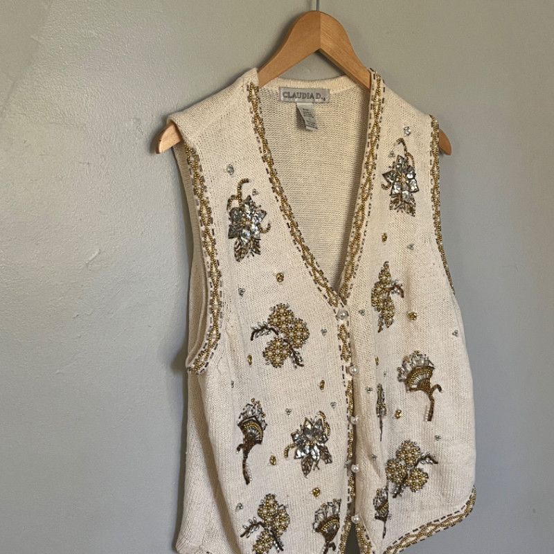 Vintage Claudia D. Cream Embellished Vest Large