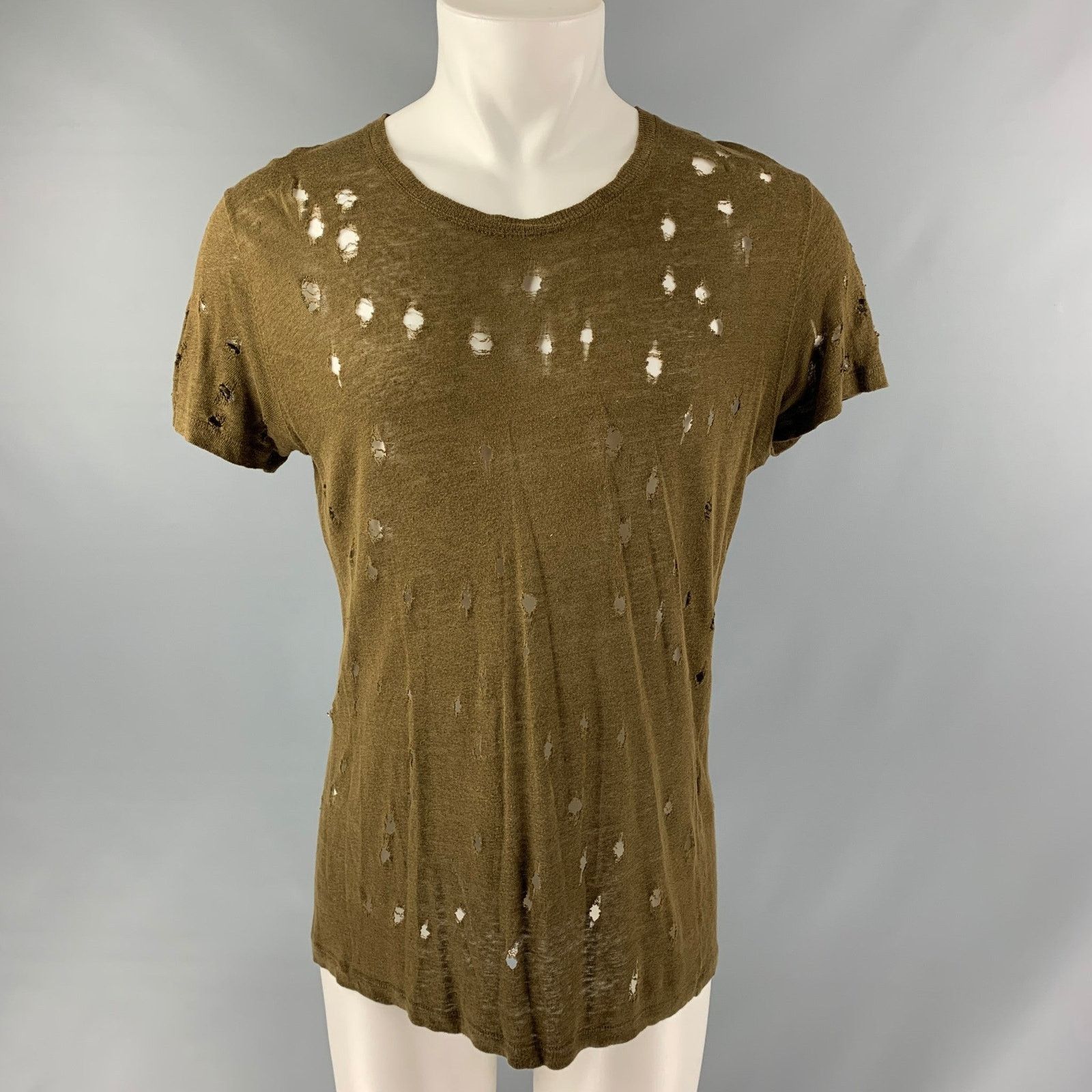 Iro IRO Size S Olive Distressed Linen Crew-Neck T-shirt Size US S / EU 44-46 / 1 - 1 Thumbnail