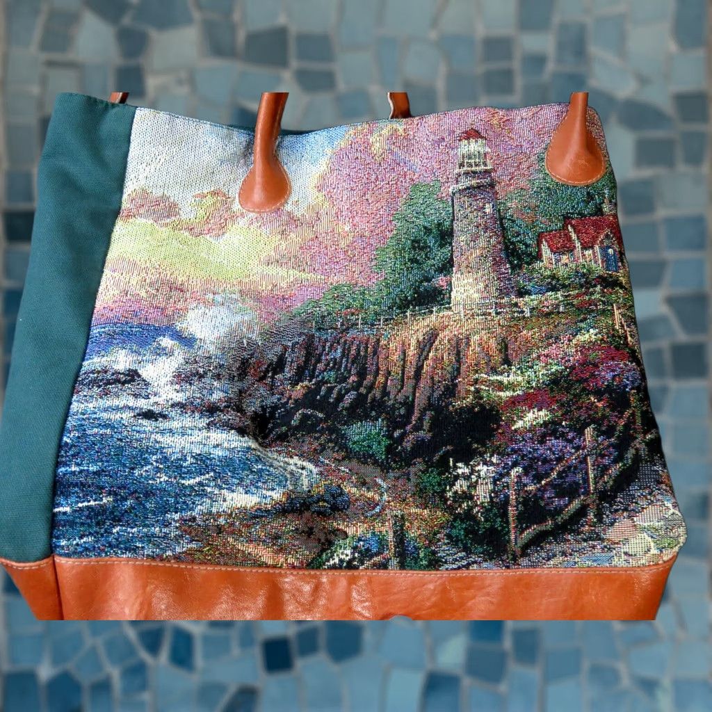 Vintage VINTAGE Thomas Kinkade Gregg Manufacturing Satchel/Top Handle Bag Rectangle 90s Beach Green Canvas with Lighthouse Scene Medium Womens Size ONE SIZE - 1 Thumbnail