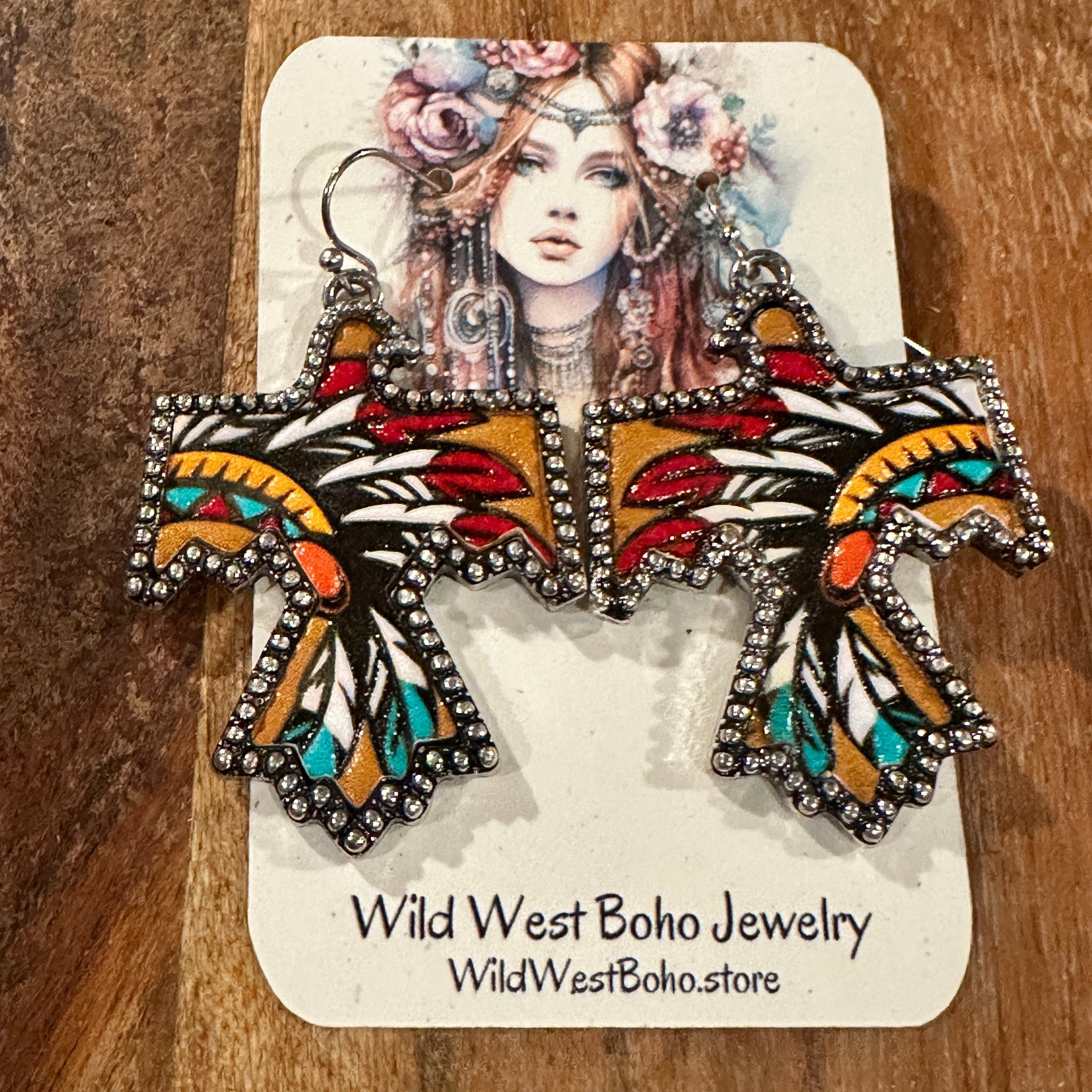 Other Boho Thunderbird Metal Earrings with Tooled Leather Chieftai Size ONE SIZE - 6 Thumbnail