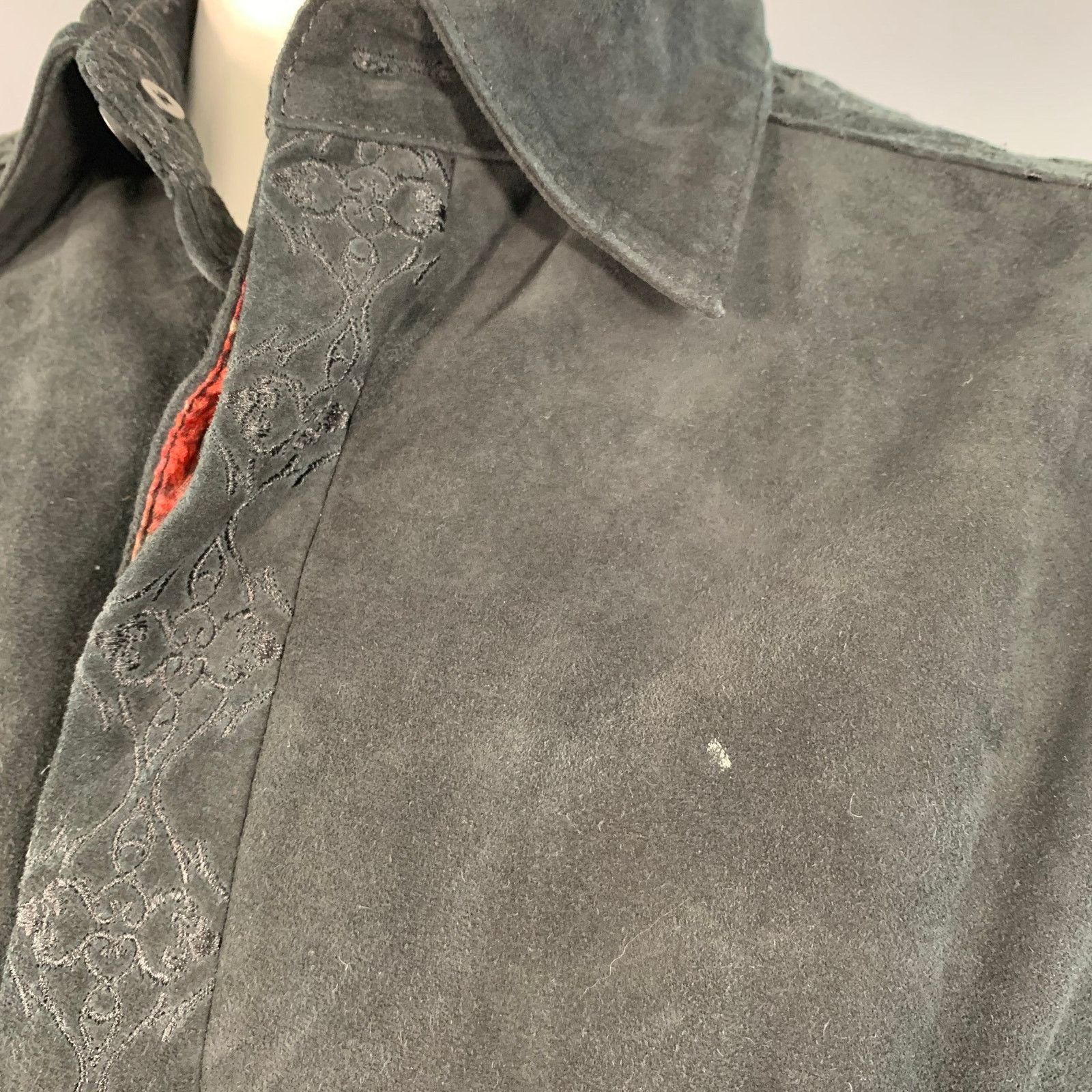 Robert Graham L Black Embroidery Suede Contrast Trim Long Sleeve Shirt Size L / US 10 / IT 46 - 5 Thumbnail