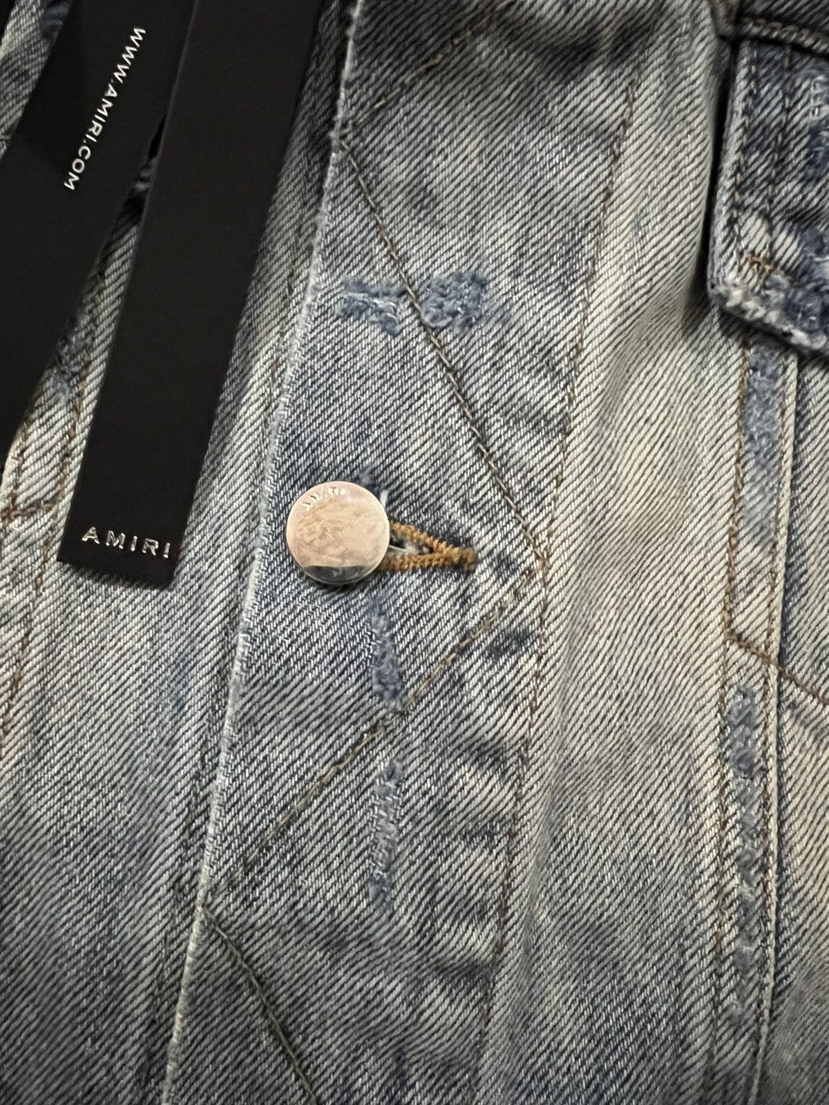 Amiri AMIRI Leather Trimmed Distressed Denim Jacket blue size XXL Size US XXL / EU 58 / 5 - 4 Thumbnail