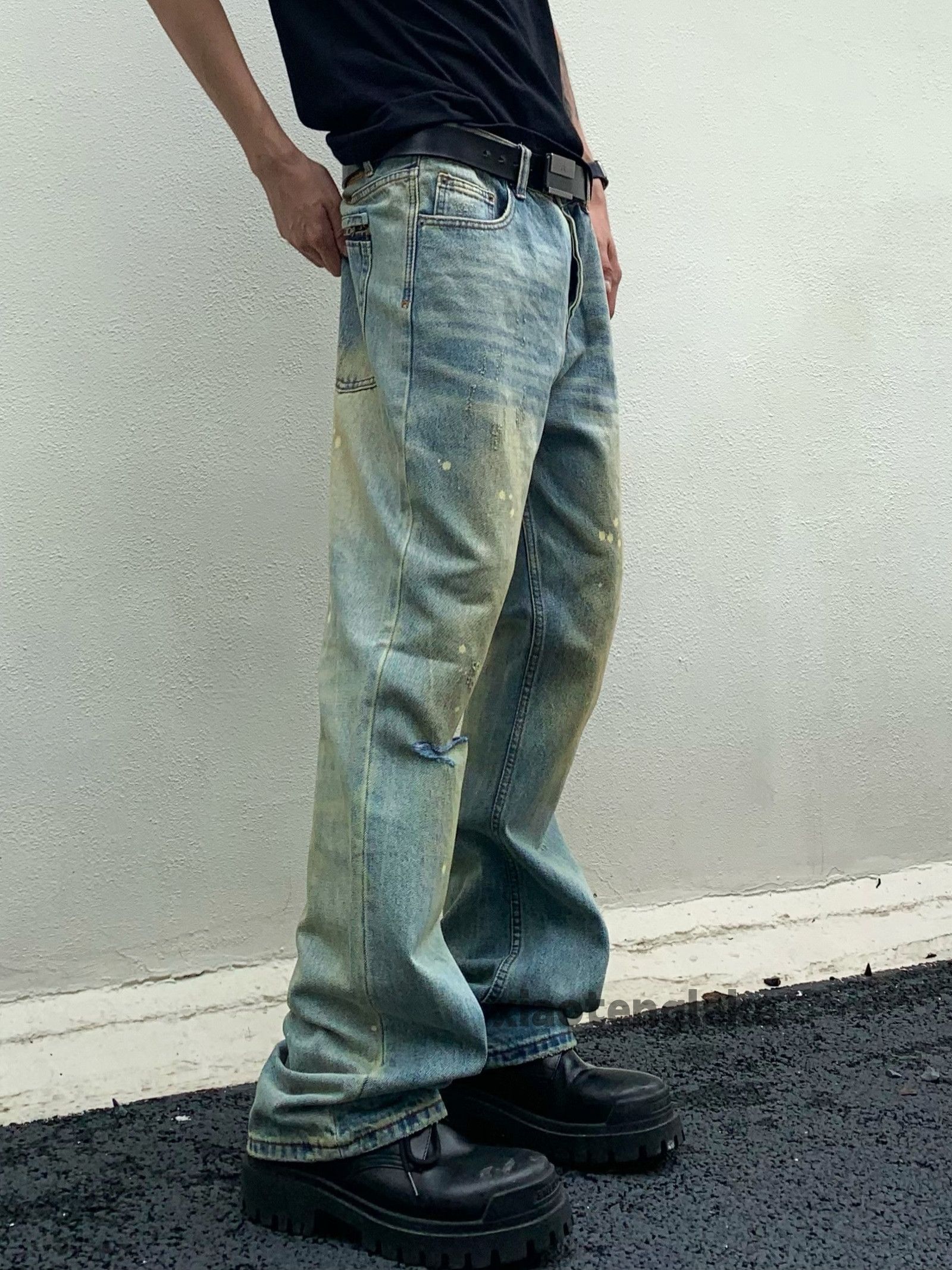 washed faded rusty paint flared punk grunge jeans