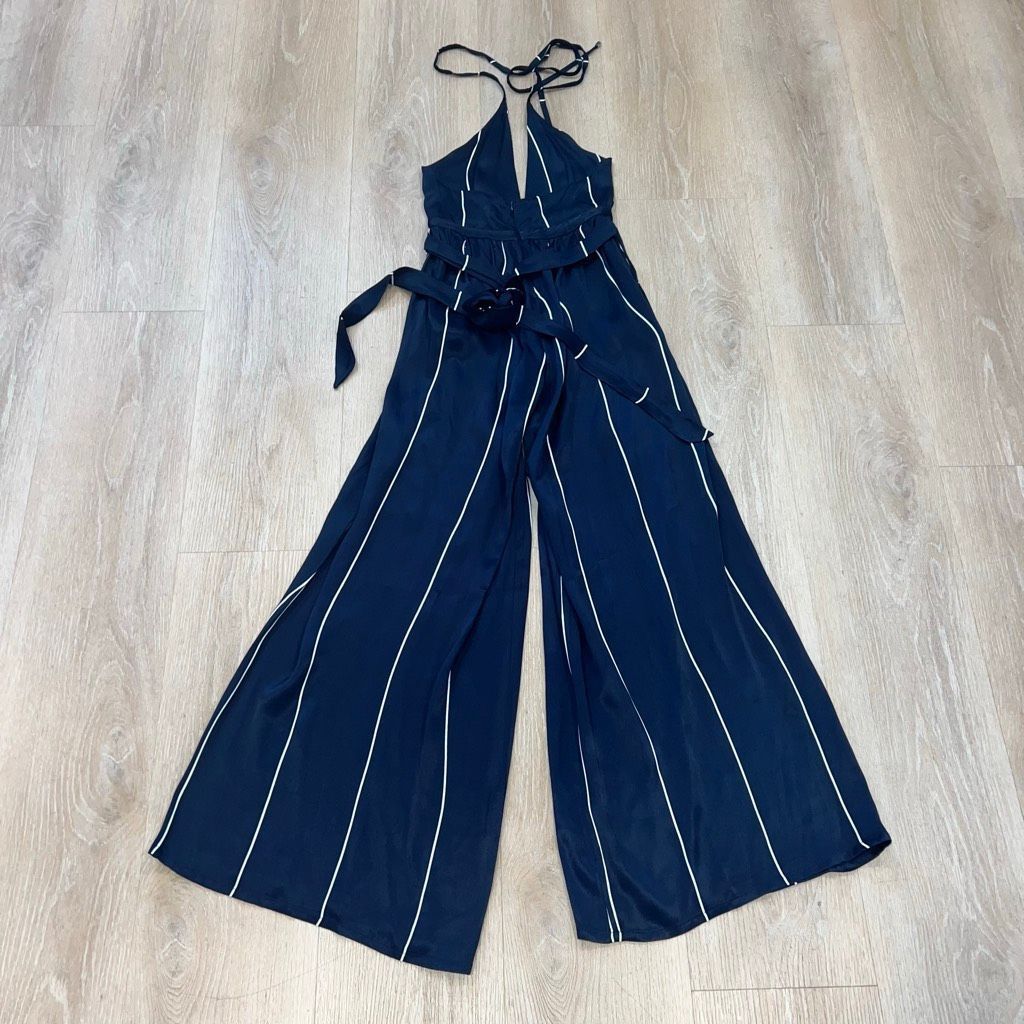 FAITHFULL Faithfull the Brand Riley Riptide Stripe Navy Silky Wide Leg Jumpsuit Women’s 2 Size 26" / US 2 / IT 38 - 6 Thumbnail